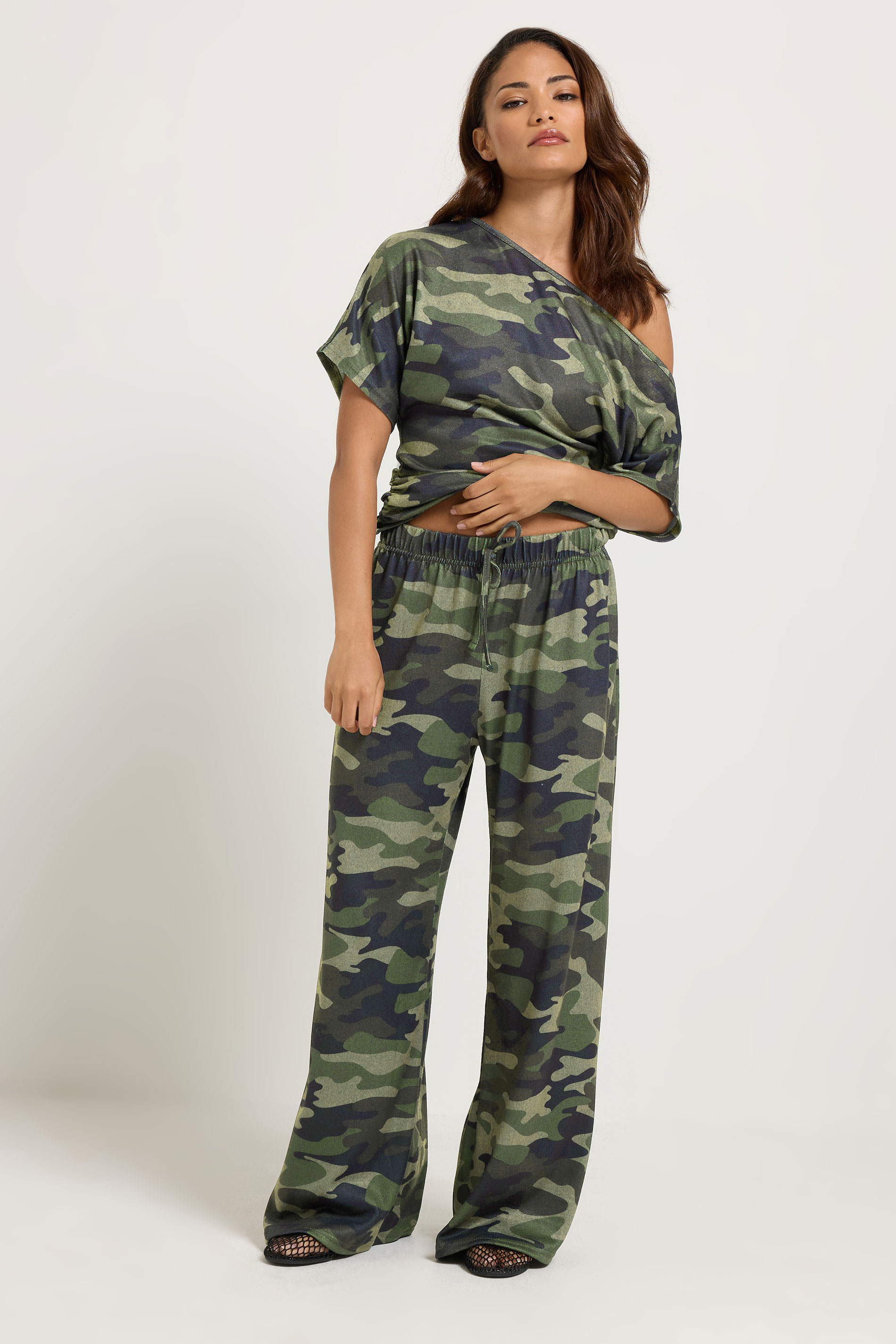 Pixiegirl Women's Green Petite Khaki Camo Wide Leg Trousers Size 14