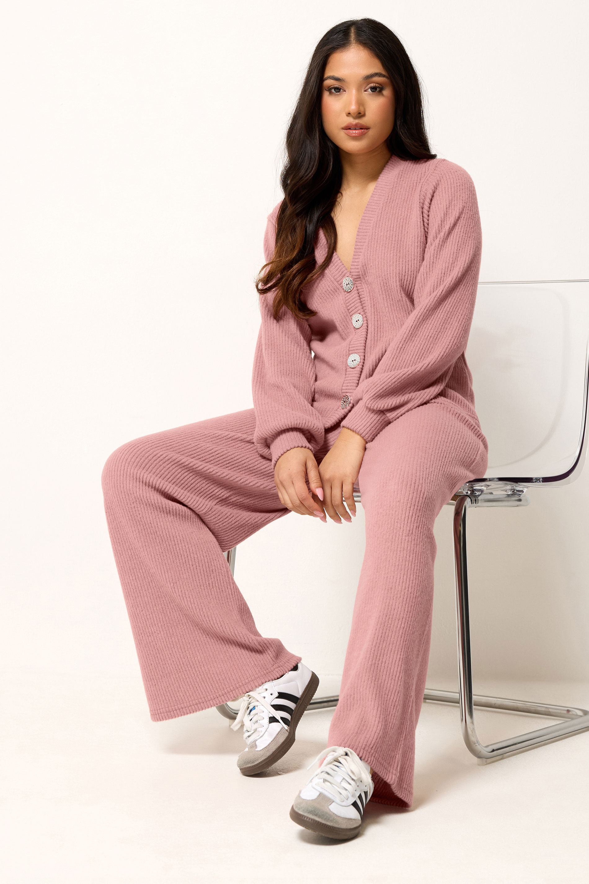 PixieGirl Petite Women's Set Pink Marl Ribbed Cardigan & Wide Leg Trousers | PixieGirl 1