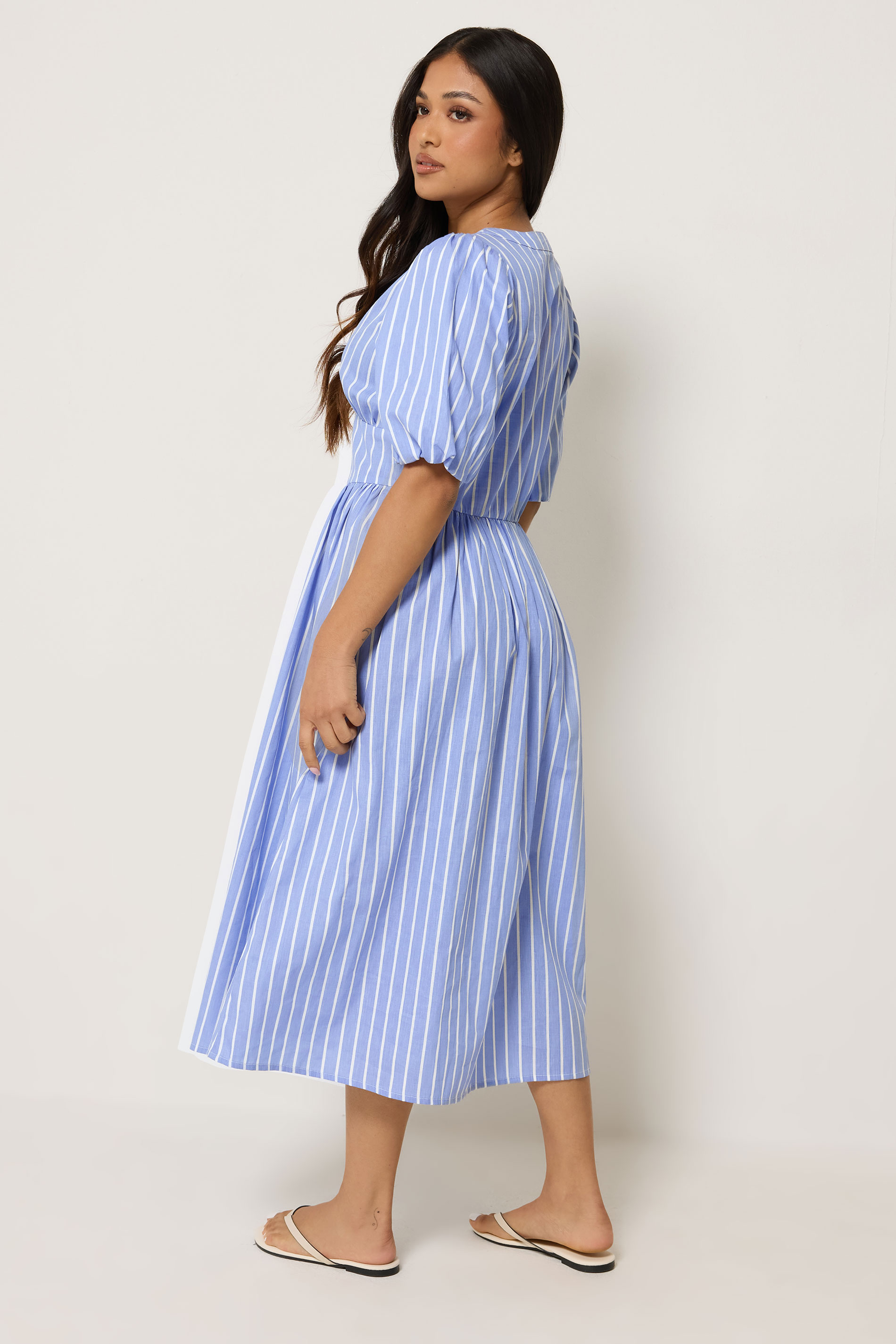 PixieGirl Petite Women's Blue Stripe Button Midi Dress | PixieGirl  2