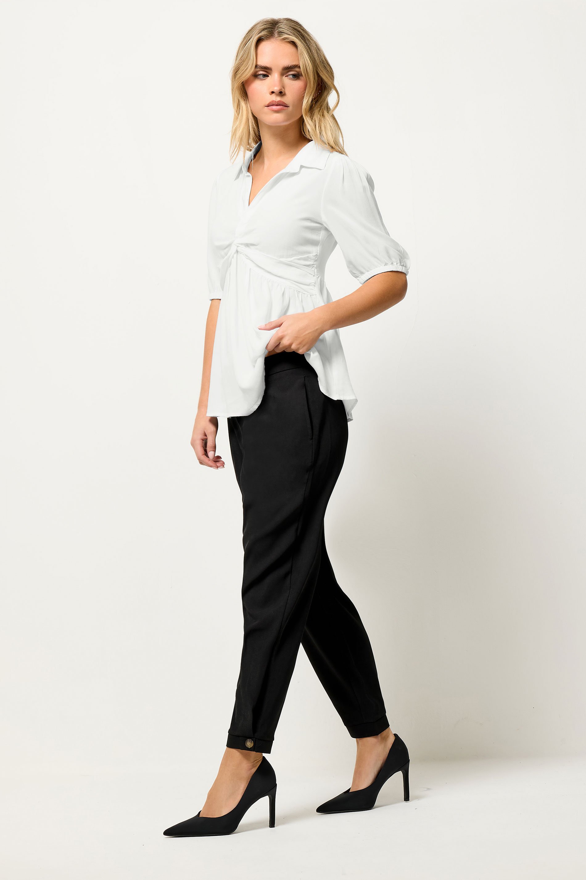 PixieGirl Petite Women's Black Tailored Barrel Button Trousers | PixieGirl 1