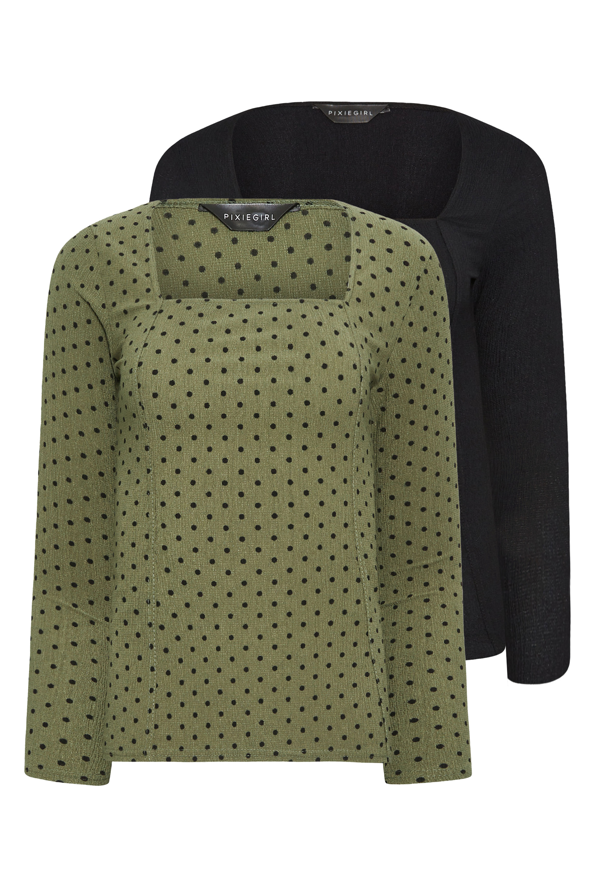 PixieGirl 2 PACK Black & Khaki Green Spot Print Square Neck Tops | PixieGirl 8