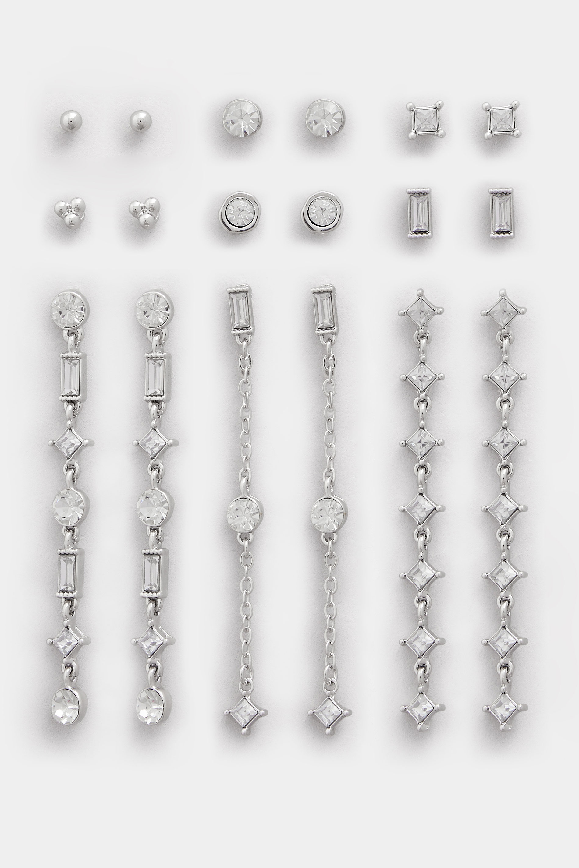 9 PACK Silver Tone Diamante Mixed Earring Set | Yours Clothing 3