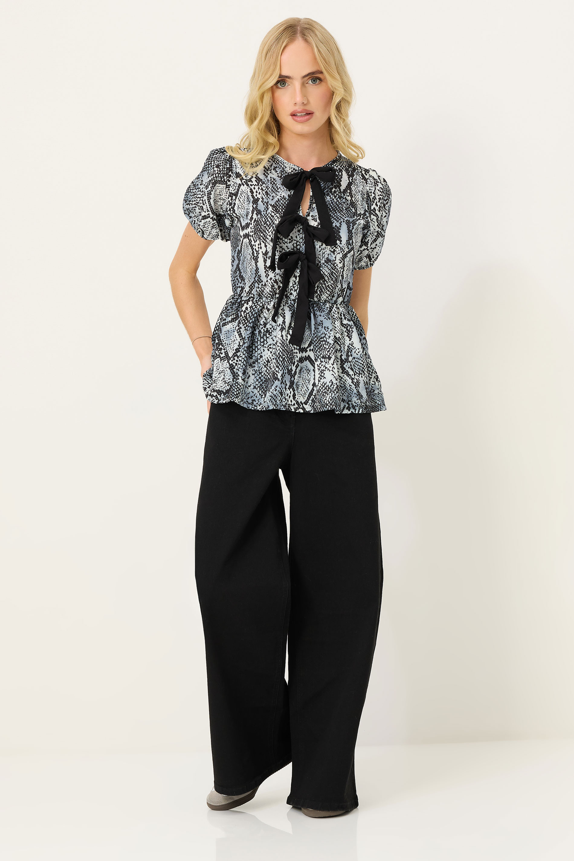 PixieGirl Petite Women's Grey Snake Print Tie Bow Top | PixieGirl 2