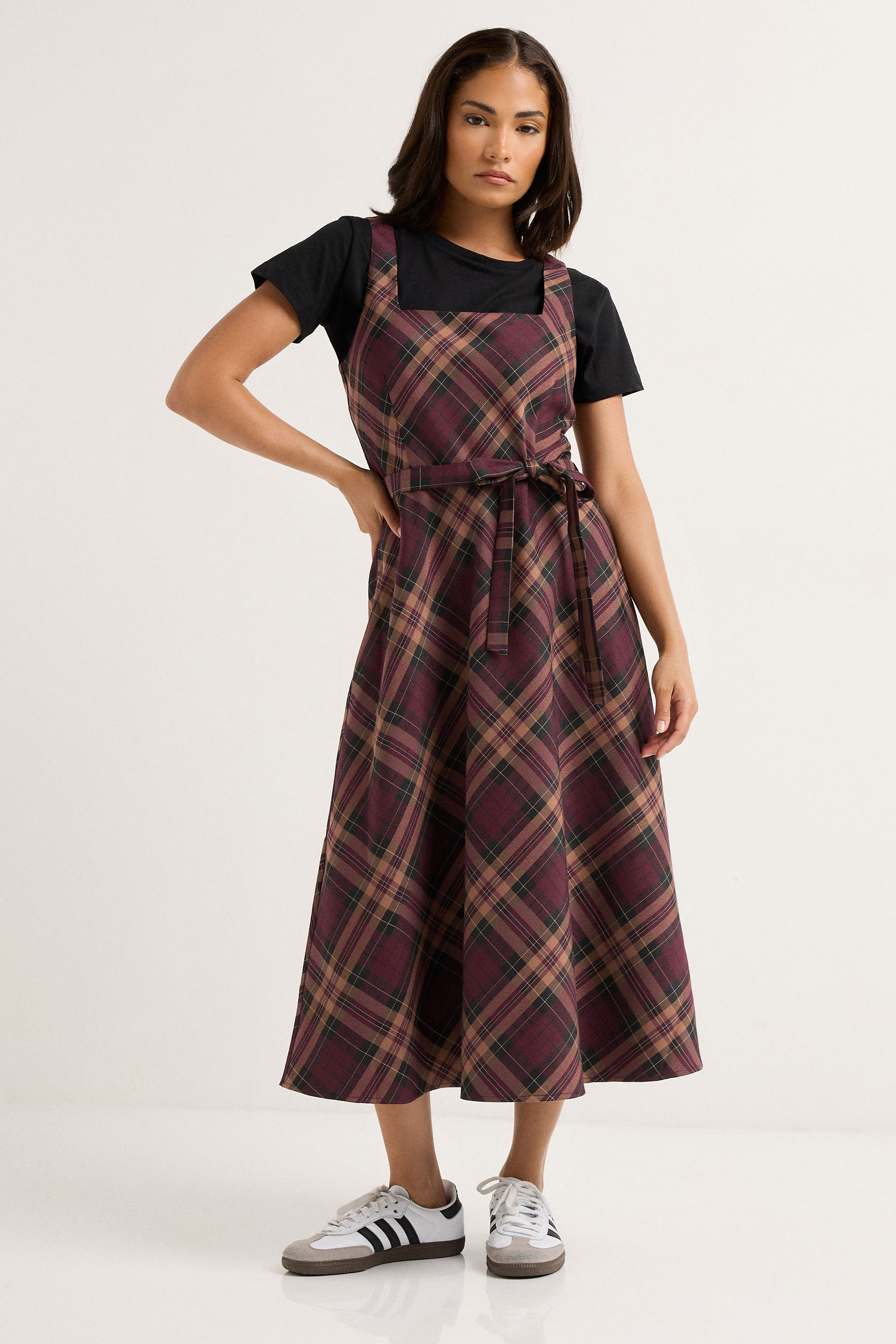 PixieGirl Petite Women's Burgundy Red Check Pinafore Midi Dress | PixieGirl 3