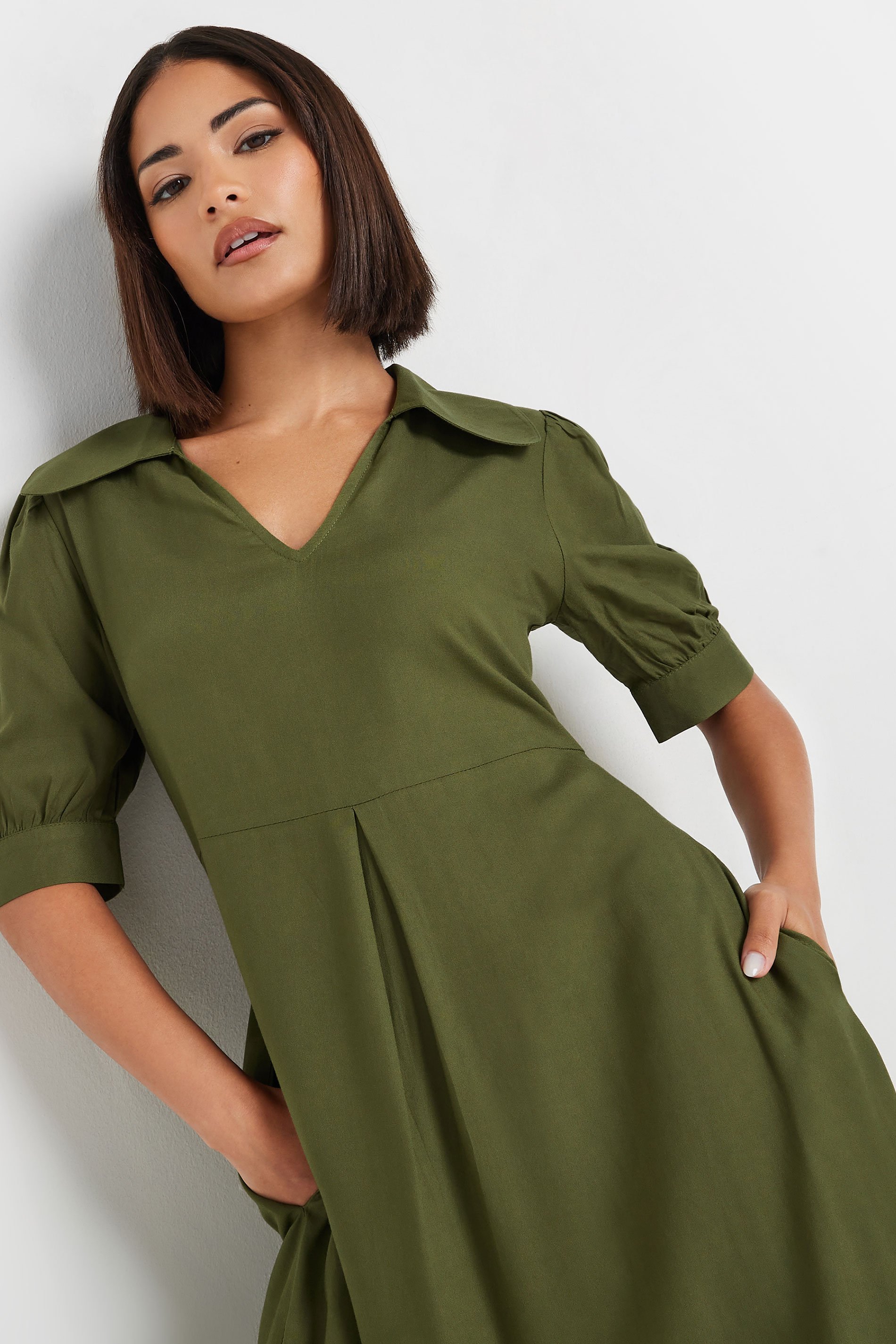 PixieGirl Petite Women's Olive Green Open Collar Short Sleeve Dress | PixieGirl 4