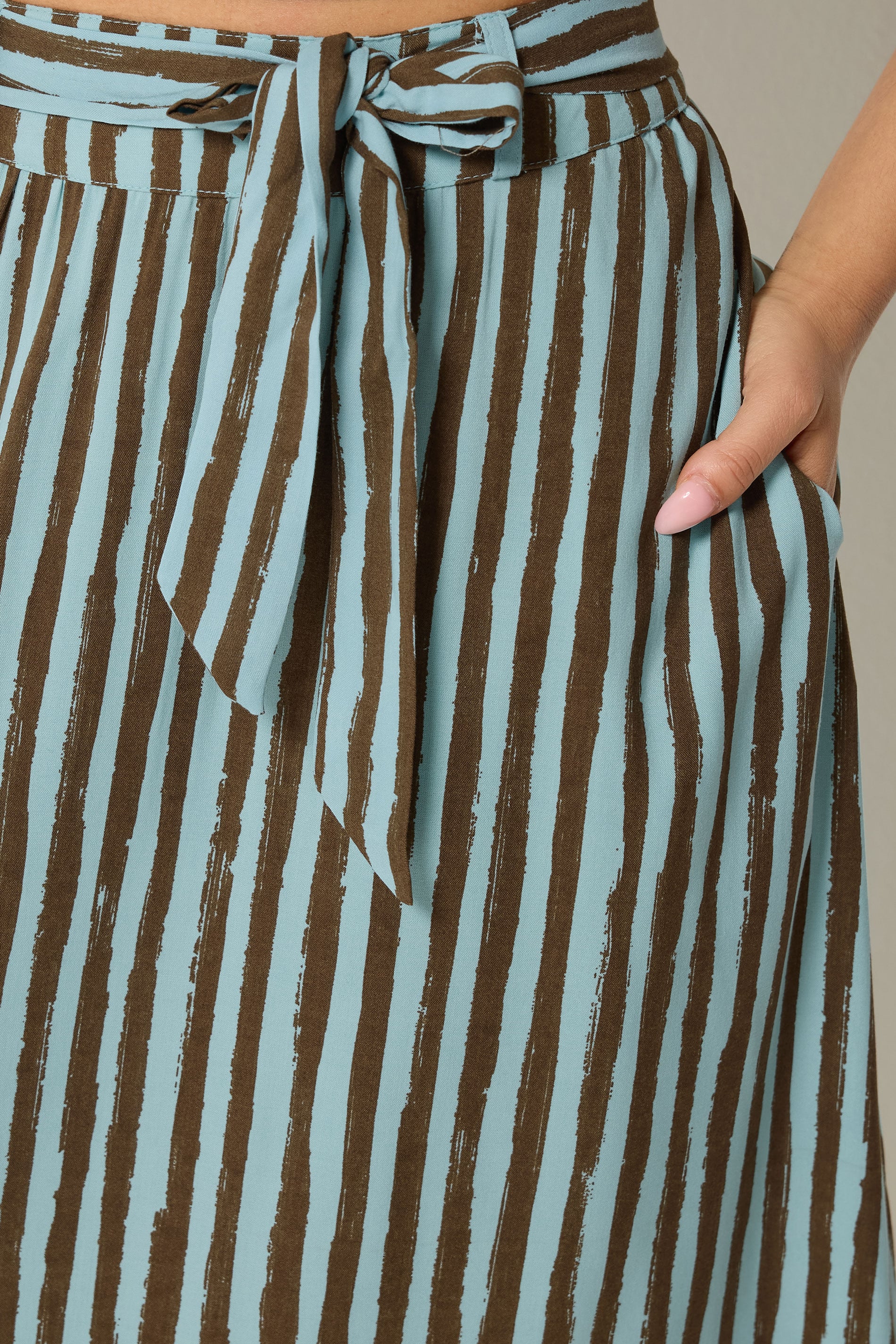 PixieGirl Petite Women's Brown Stripe Belted Maxi Skirt | PixieGirl 4