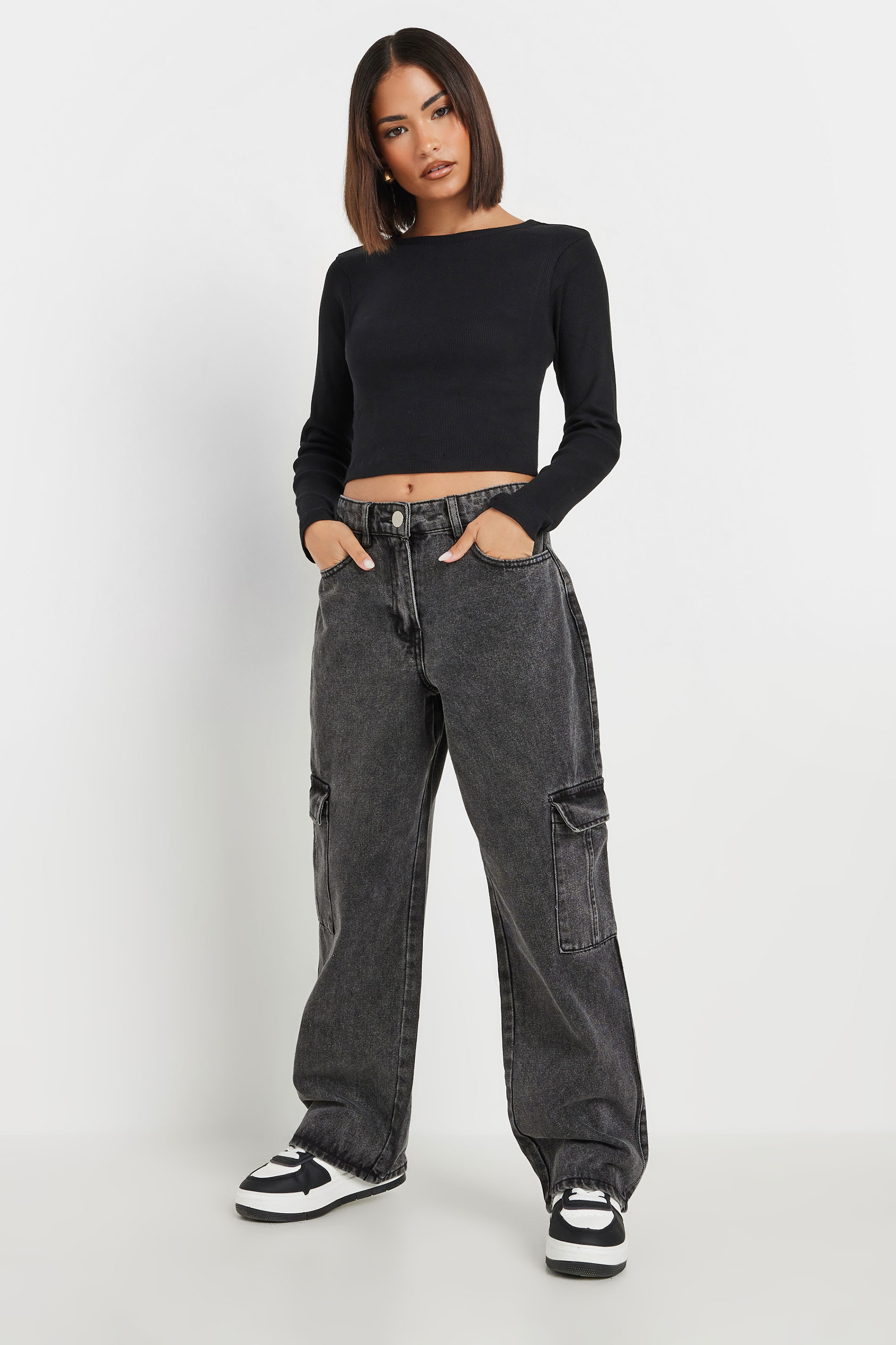 PixieGirl Petite Women's Black Acid Wash Non-Stretch Cargo Style Jeans | PixieGirl 2