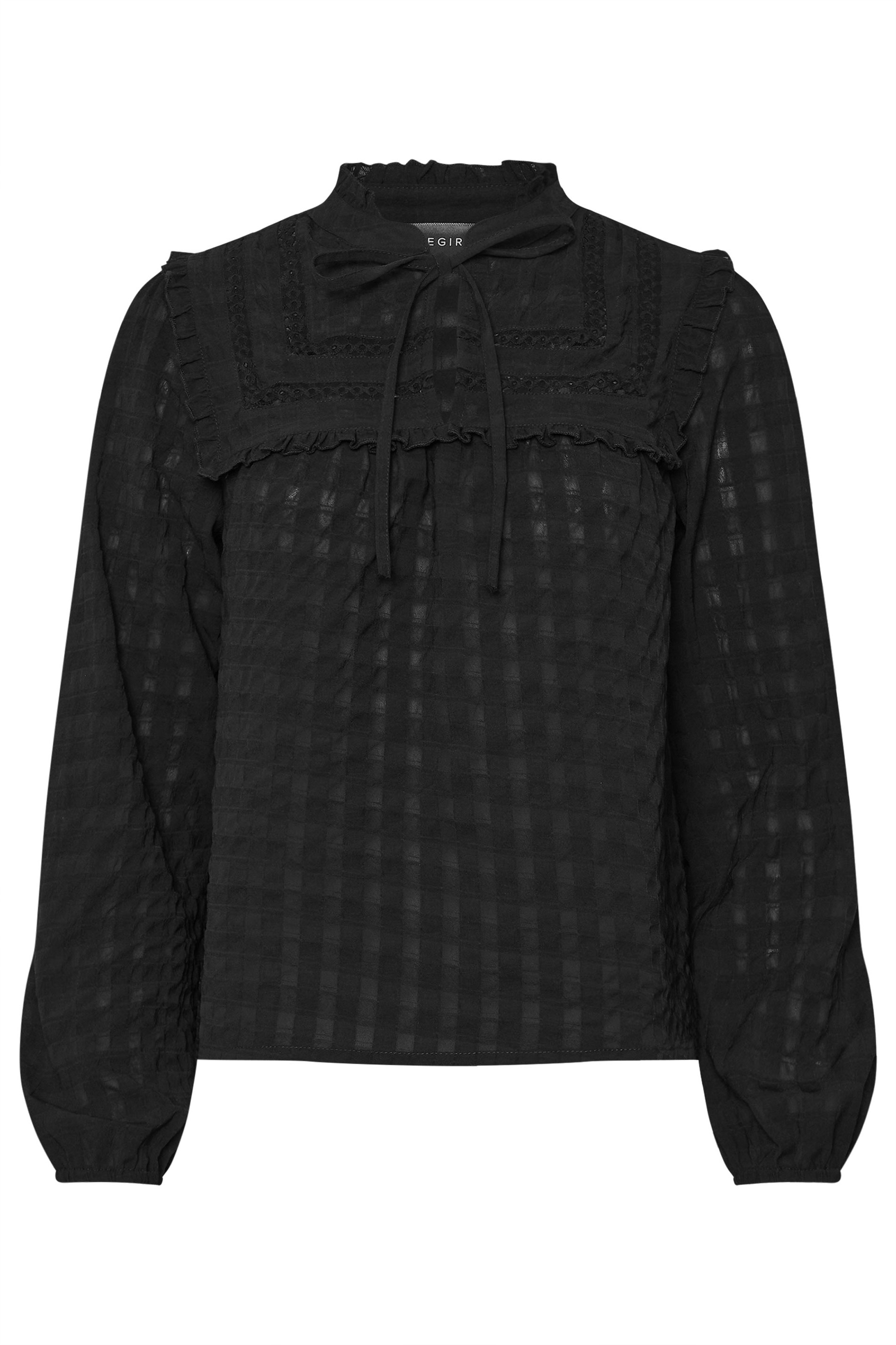 PixieGirl Petite Women's Black Crinkle Crochet Tie Neck Blouse | PixieGirl 6