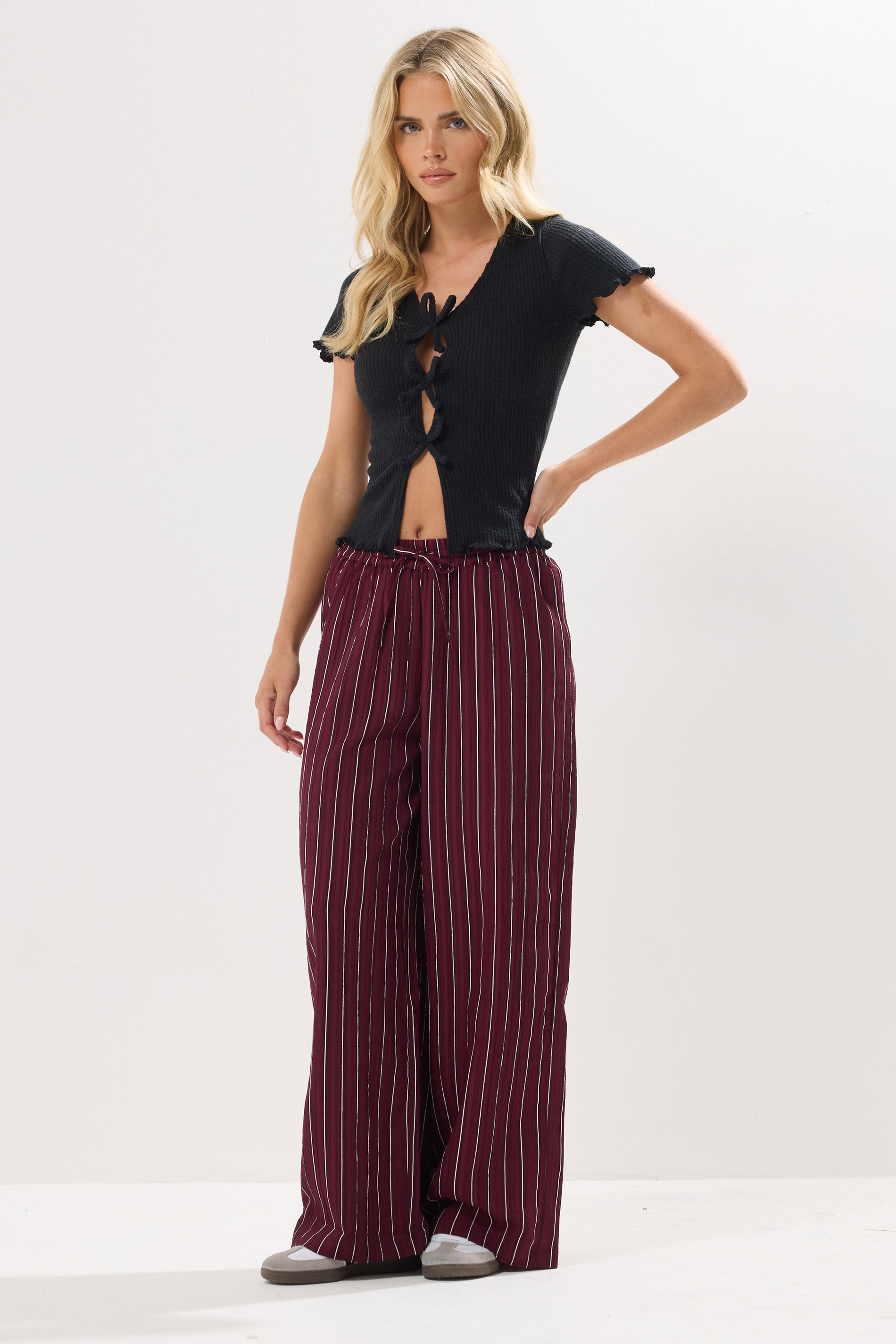 PixieGirl Petite Women's Burgundy Red Striped Tie Waist Trousers | PixieGirl 1