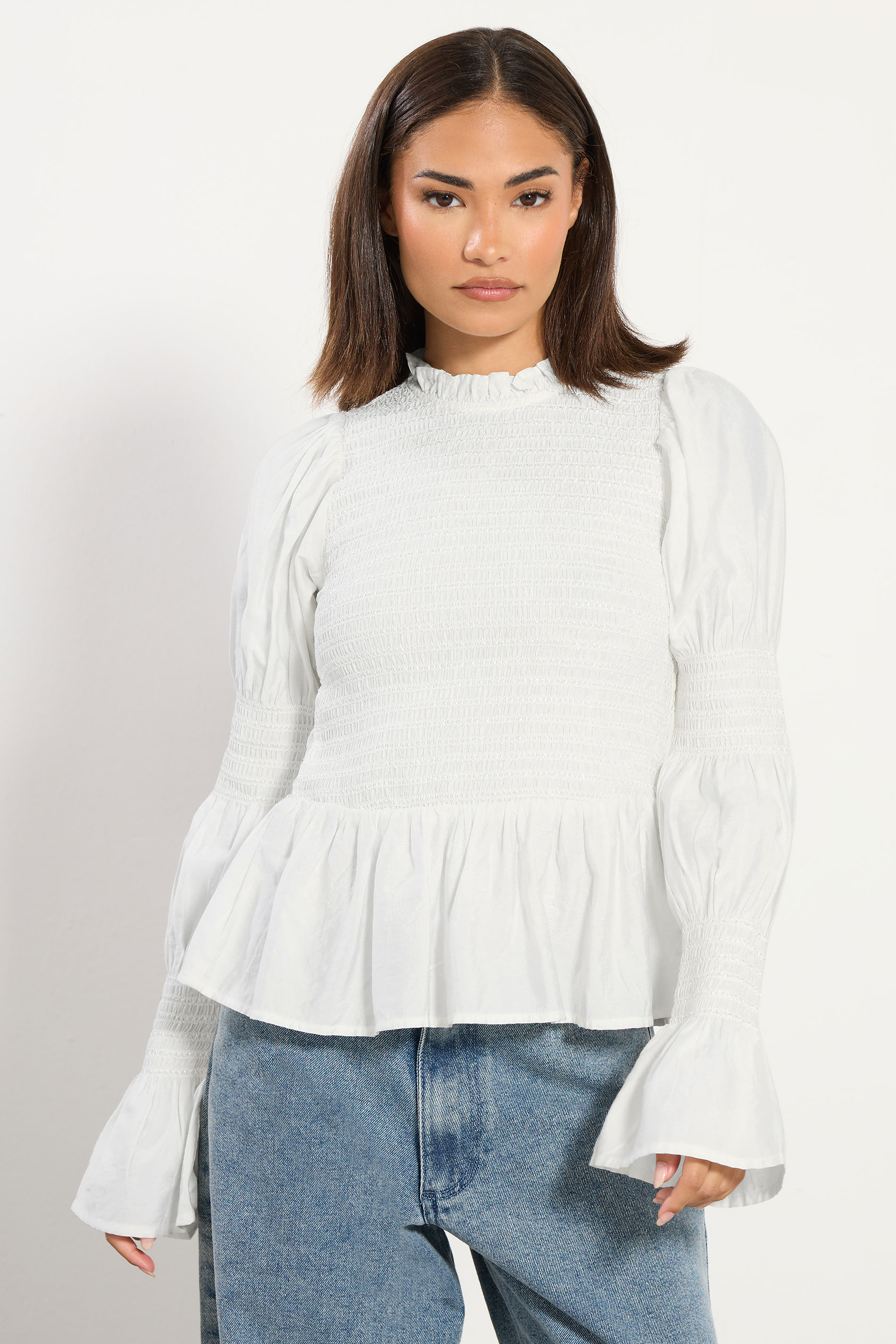 PixieGirl Petite Women's White Shirred Peplum Smock Top | PixieGirl 2