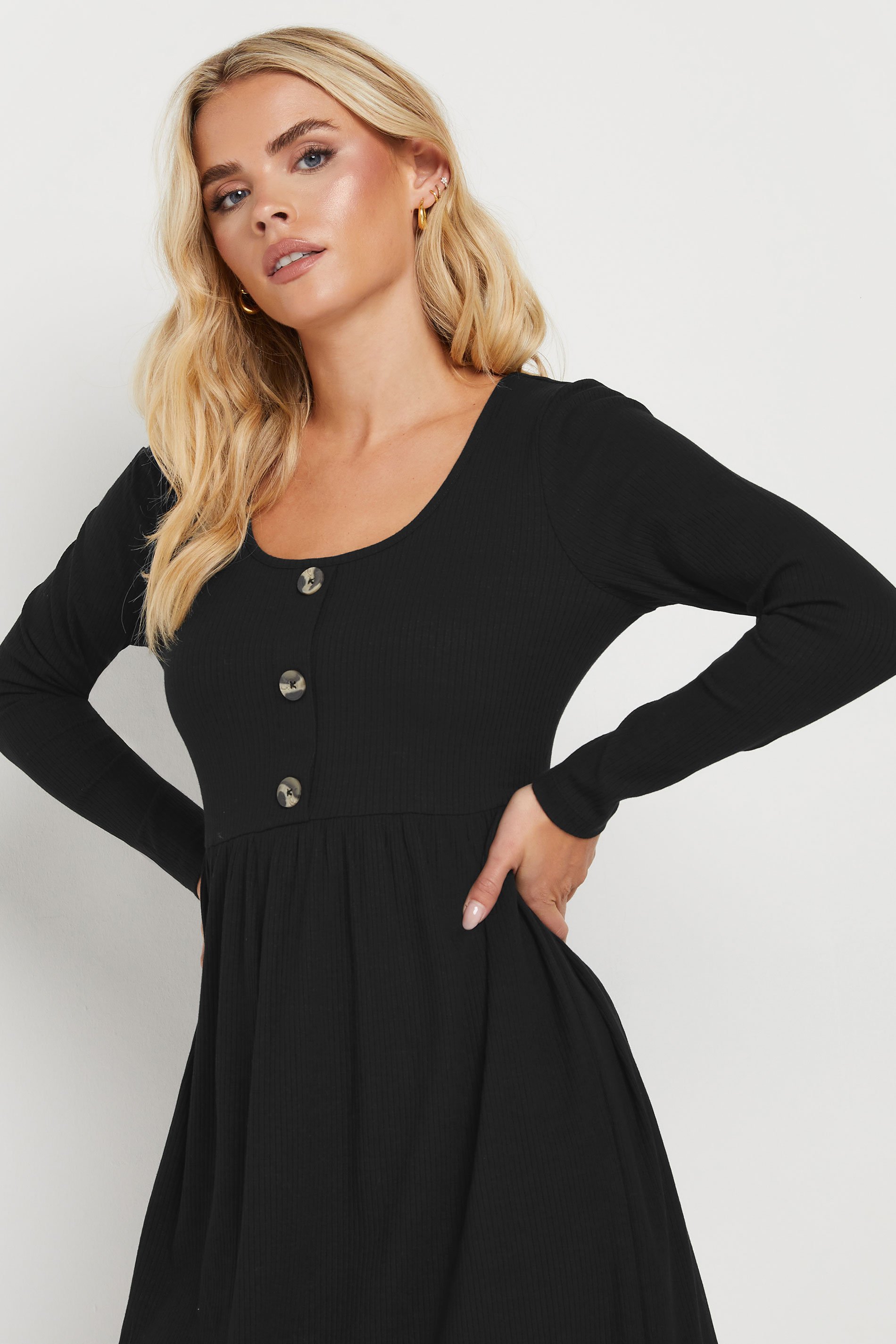 PixieGirl Petite Women's Black Ribbed Button Midaxi Dress | PixieGirl 2