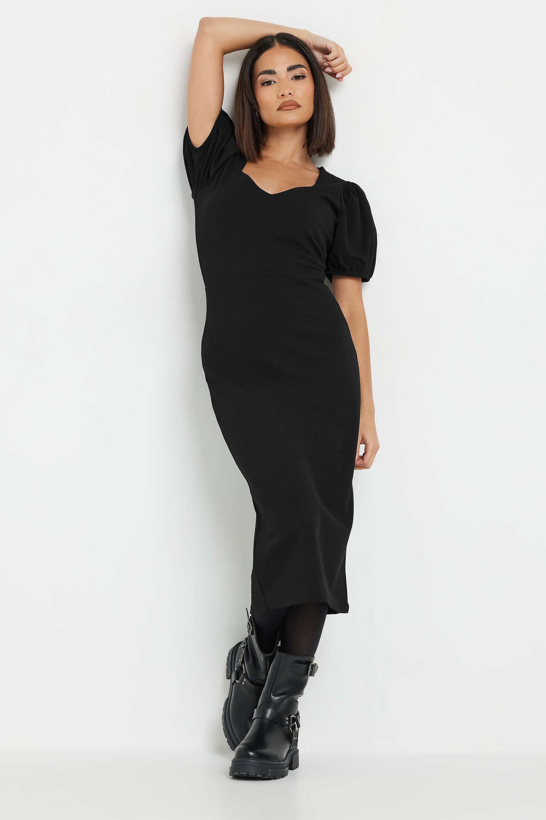 PixieGirl Petite Women's Black Puff Sleeve Midi Dress | PixieGirl 2