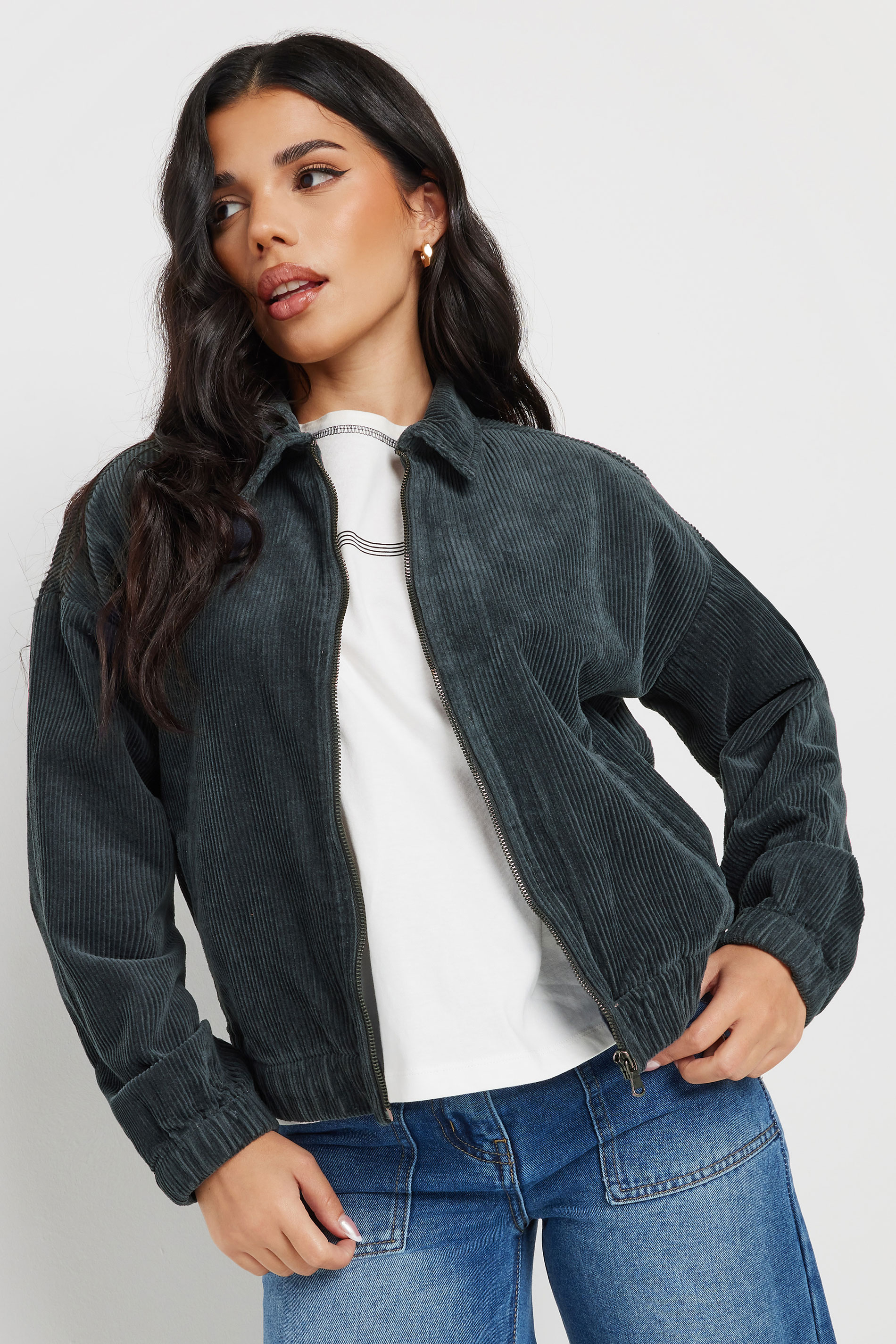 PixieGirl Petite Women's Charcoal Grey Cord Bomber Jacket | PixieGirl 3