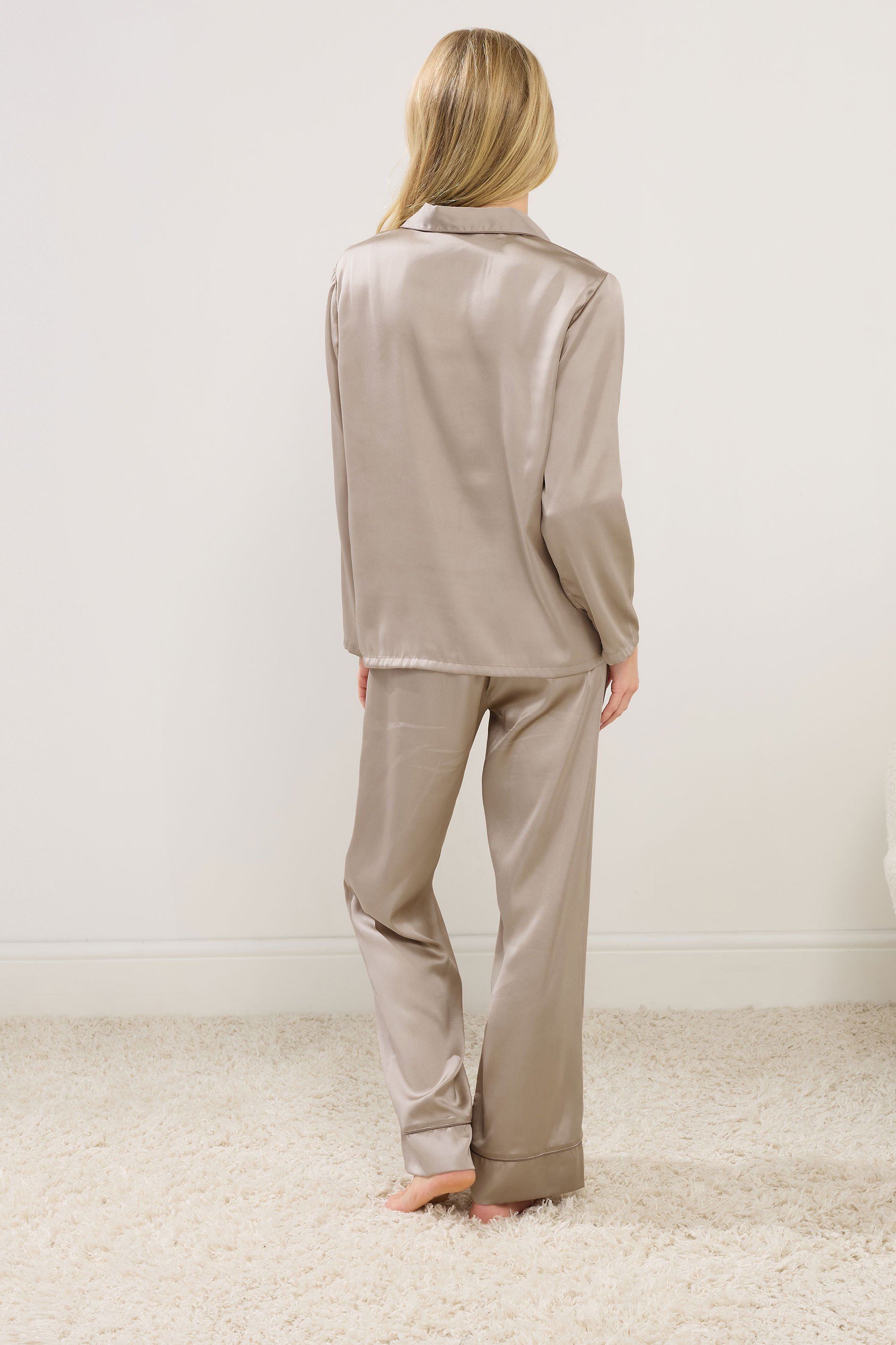 PixieGirl Petite Women's Natural Brown Satin Button Pyjama Set | PixieGirl 3