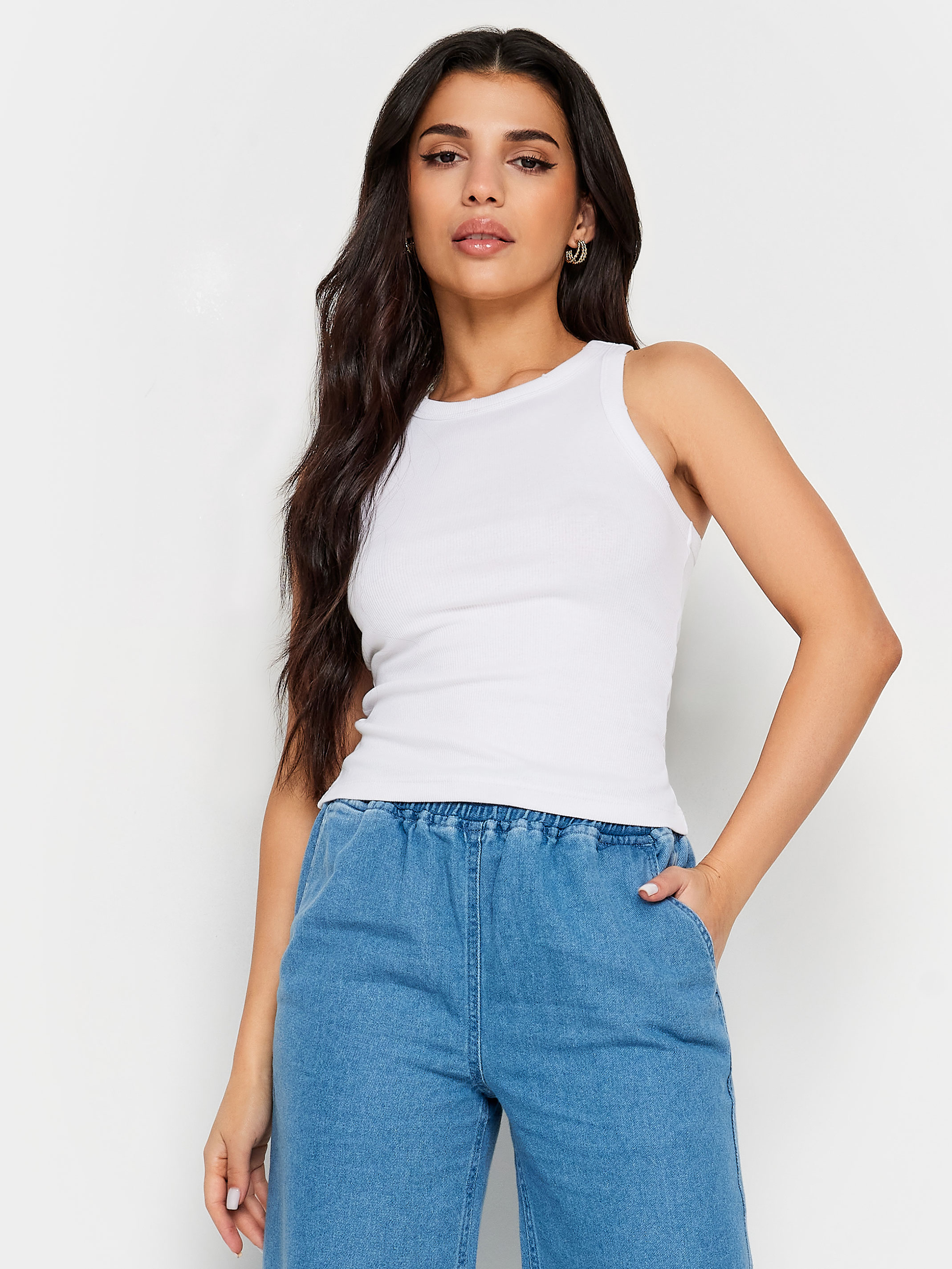 PixieGirl Petite Womens 2 PACK Black Acid Wash & White Plain Racer Neck Vest Tops | PixieGirl 2