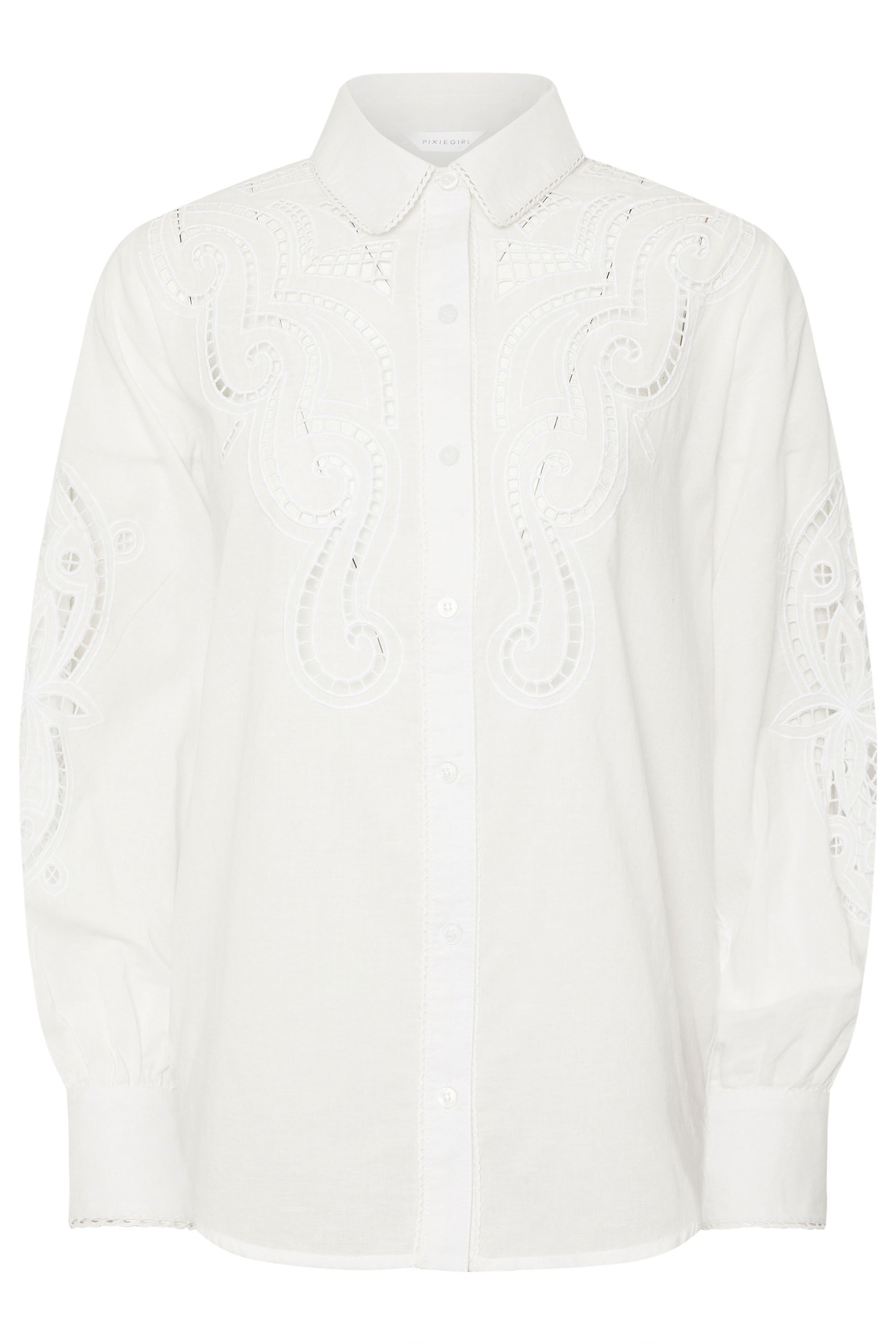 PixieGirl Petite Women's White Crochet Long Sleeve Shirt | PixieGirl 6