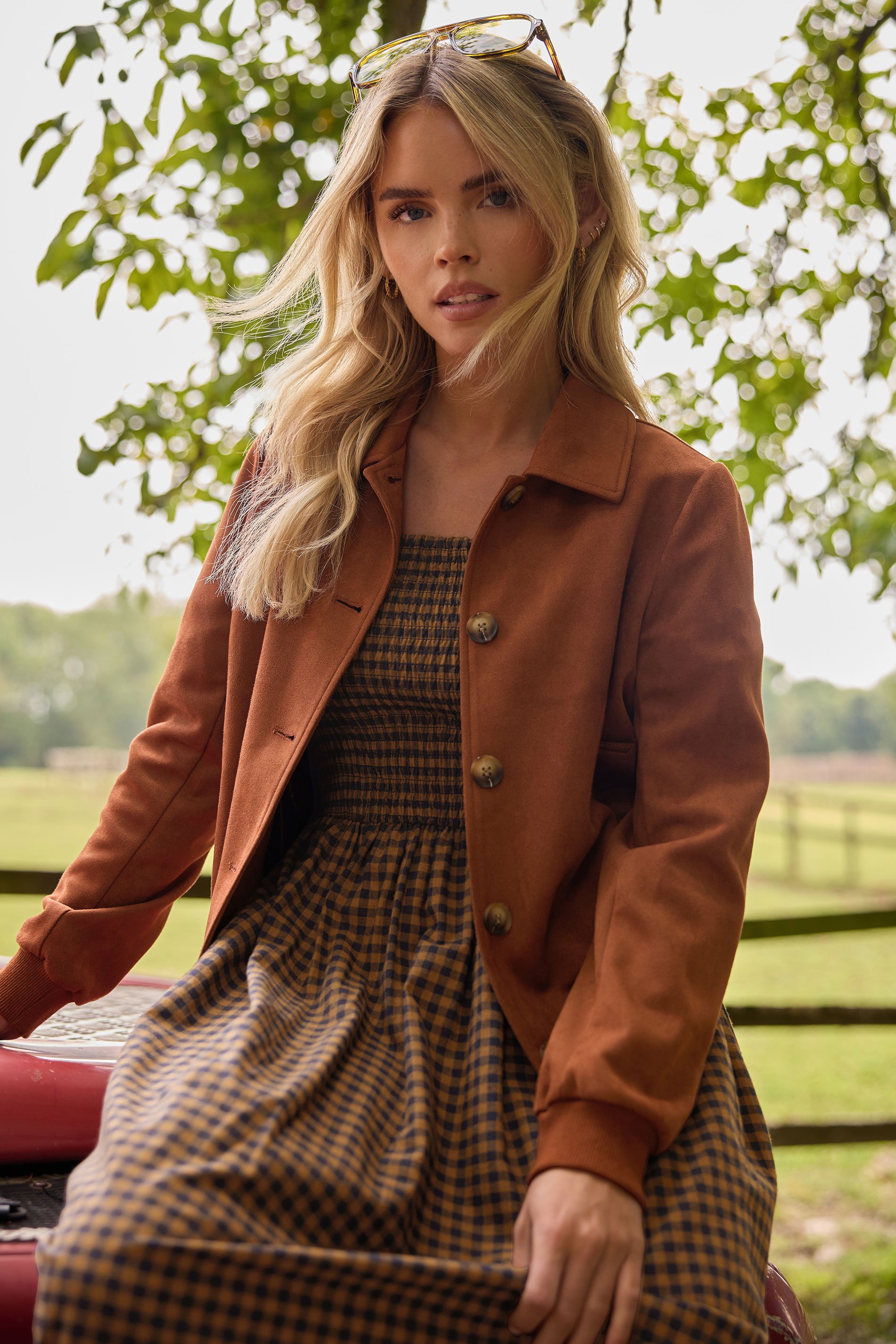 PixieGirl Petite Women's Tan Brown Suedette Collar Bomber Jacket | PixieGirl 1