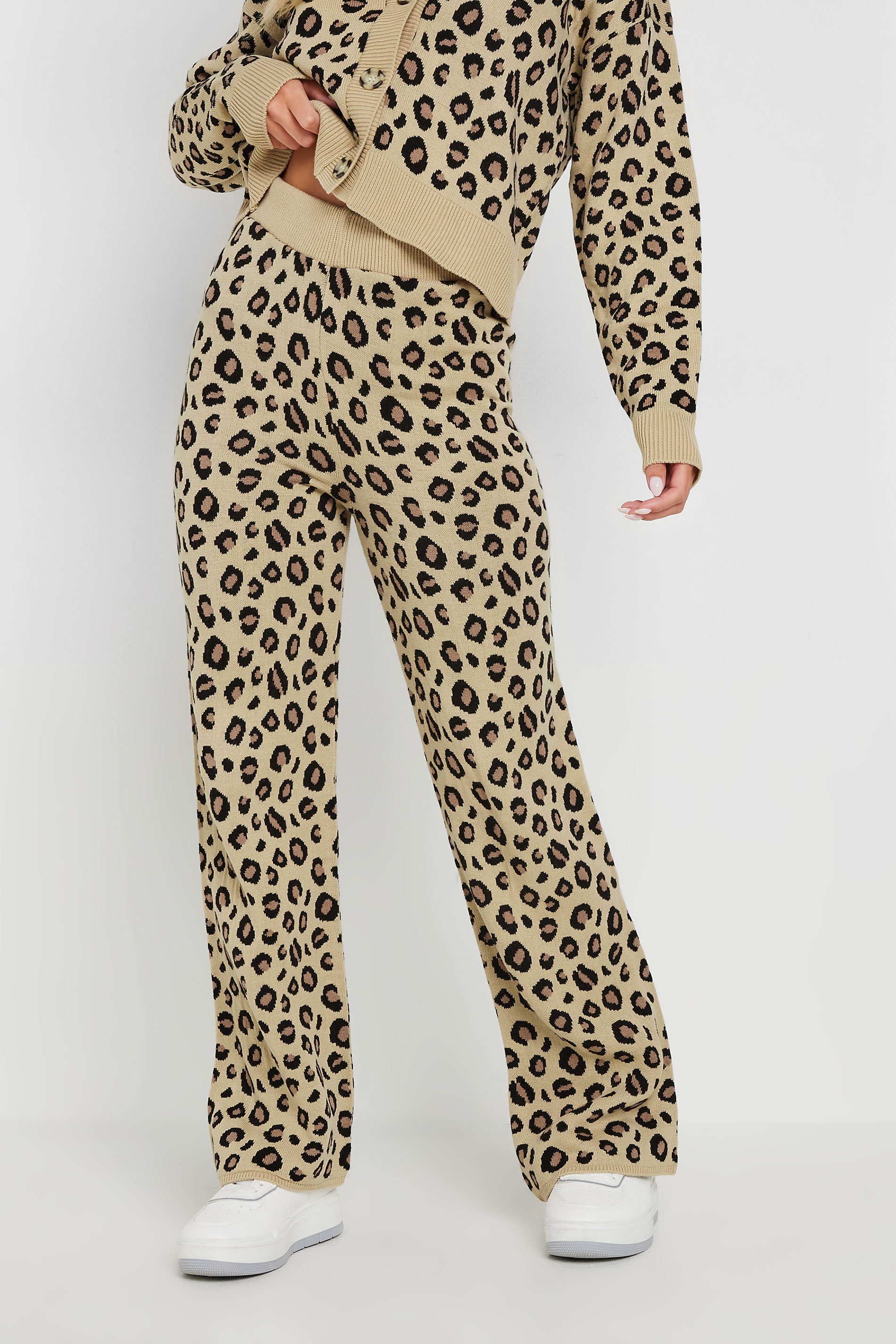 PixieGirl Petite Women's Natural Brown Leopard Print Wide Leg Trousers | PixieGirl 2