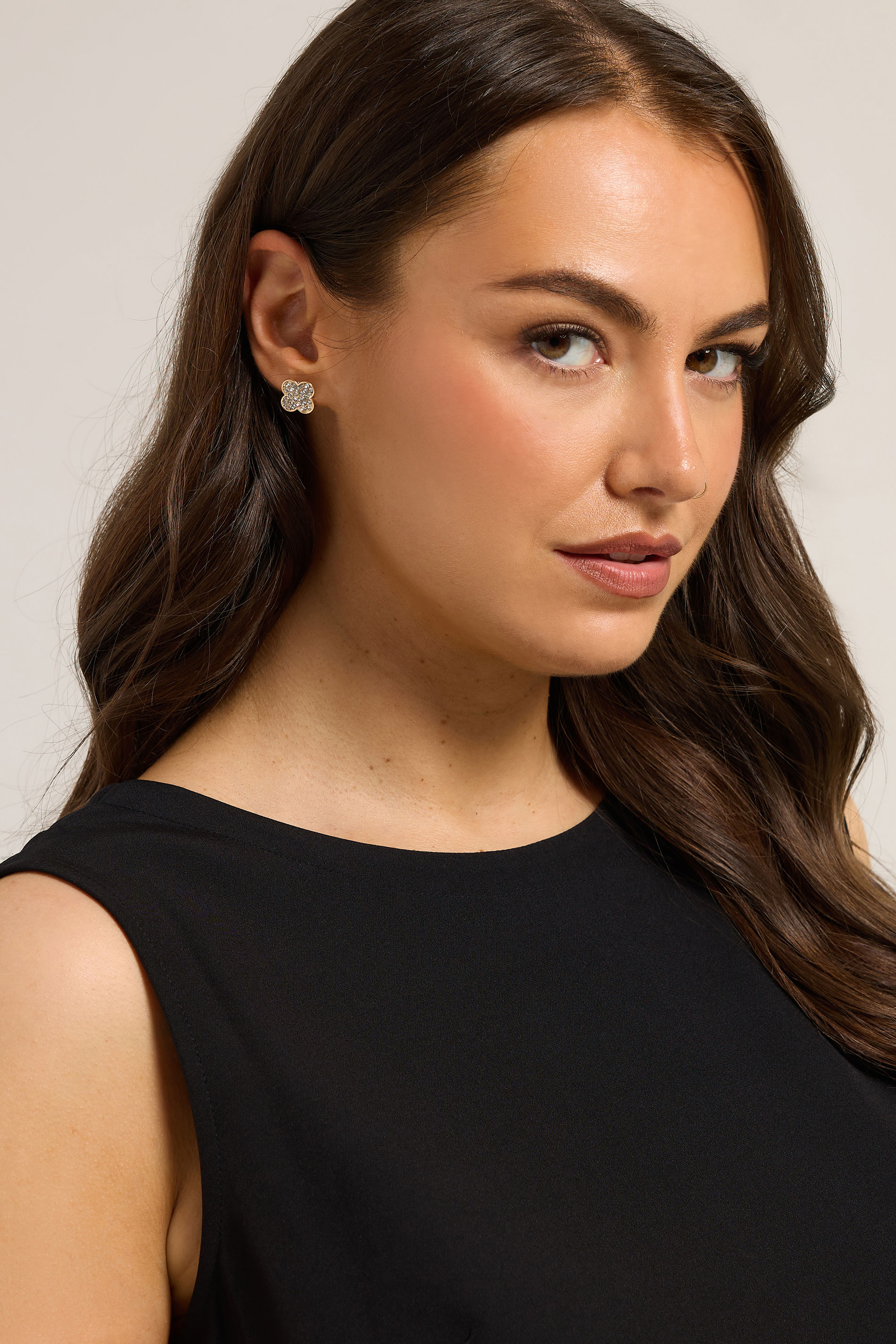 Gold Tone Clover Diamante Stud Earrings | Yours Clothing 1