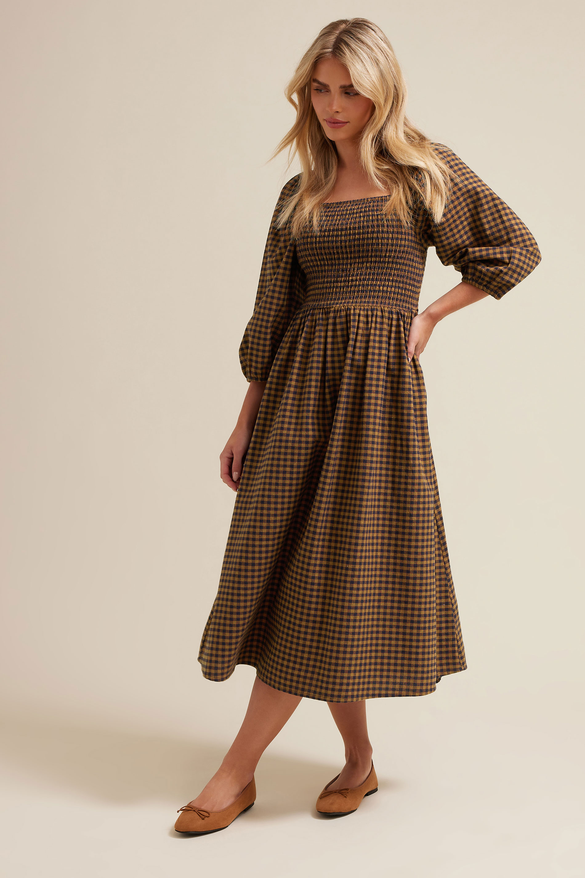 PixieGirl Petite Women's Brown Gingham Puff Sleeve Midi Dress | PixieGirl 2