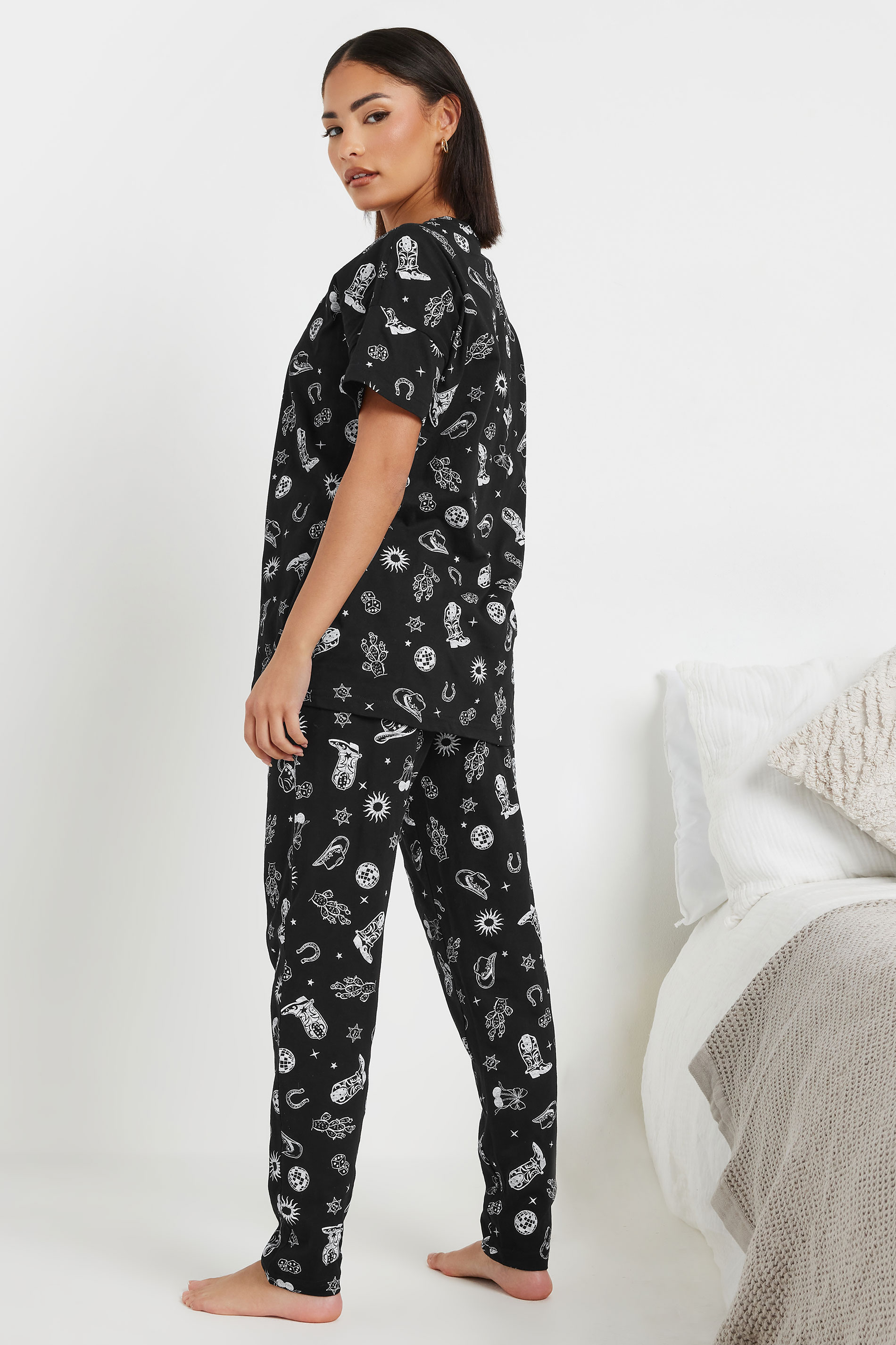 PixieGirl Petite Women's Black Cowboy Graphic Tapered Pyjama Set | PixieGirl 3