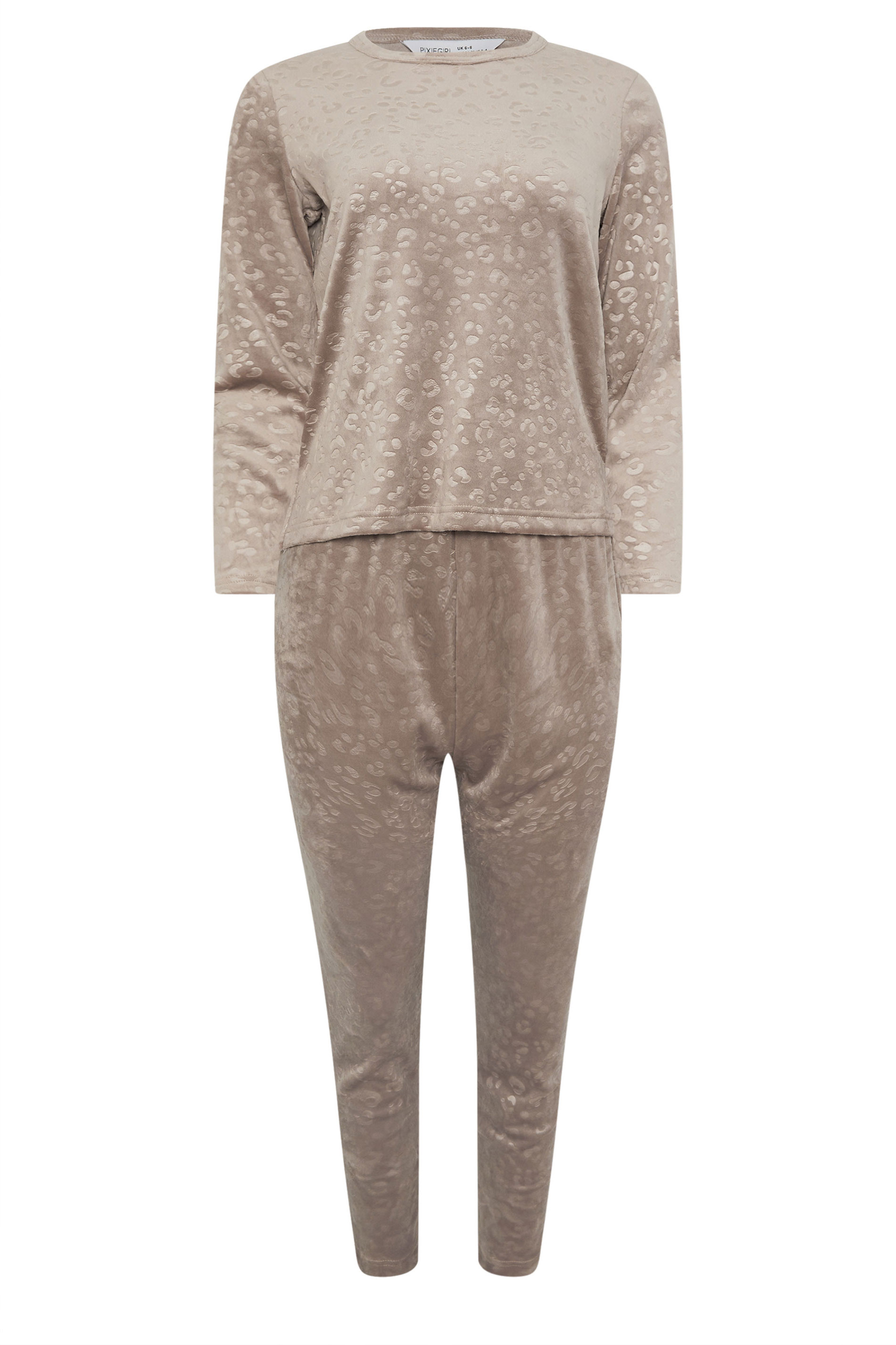 PixieGirl Petite Women's Stone Brown Leopard Embossed Luxe Fleece Pyjama Set | PixieGirl 5