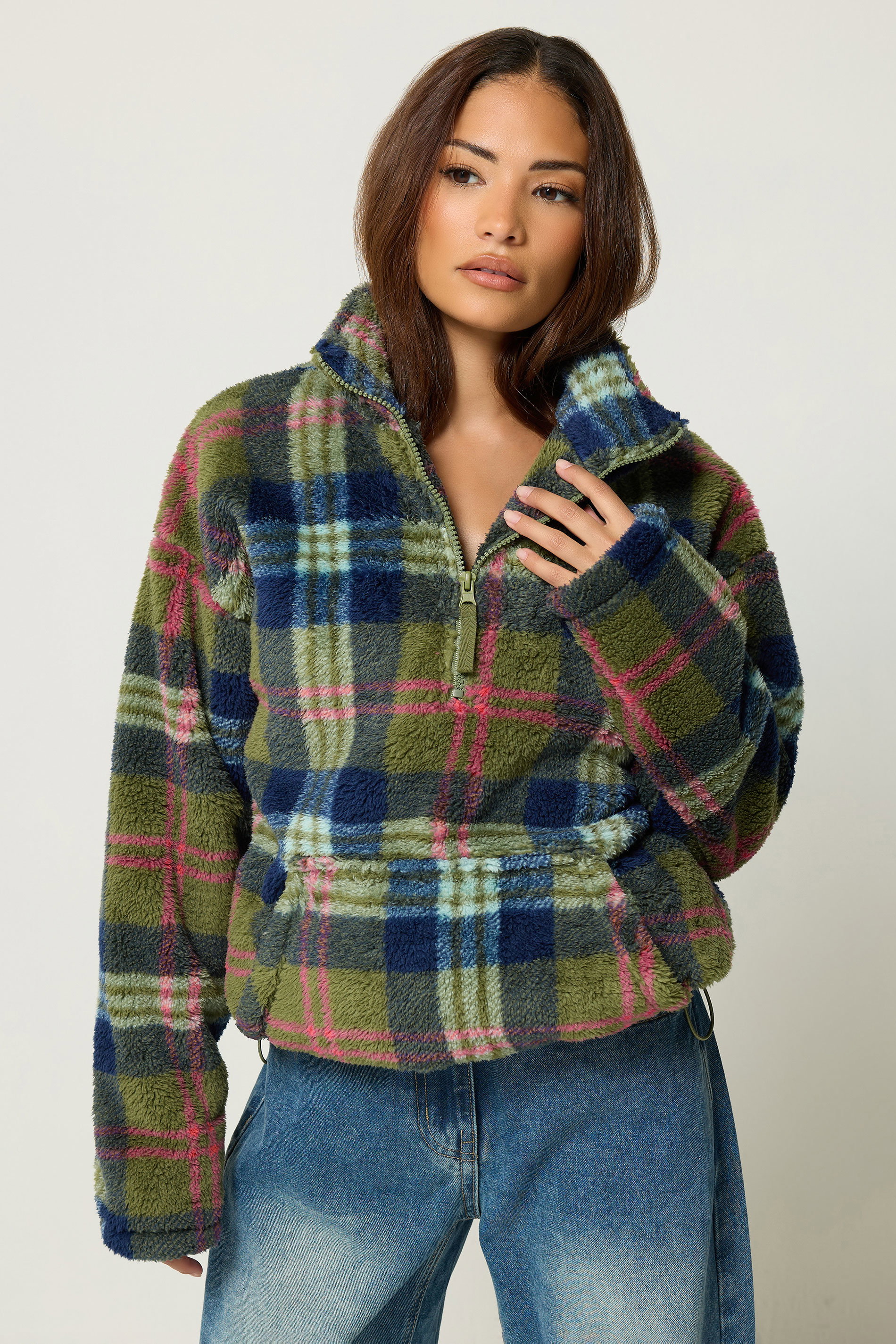 PixieGirl Petite Green Check Half Zip Fleece