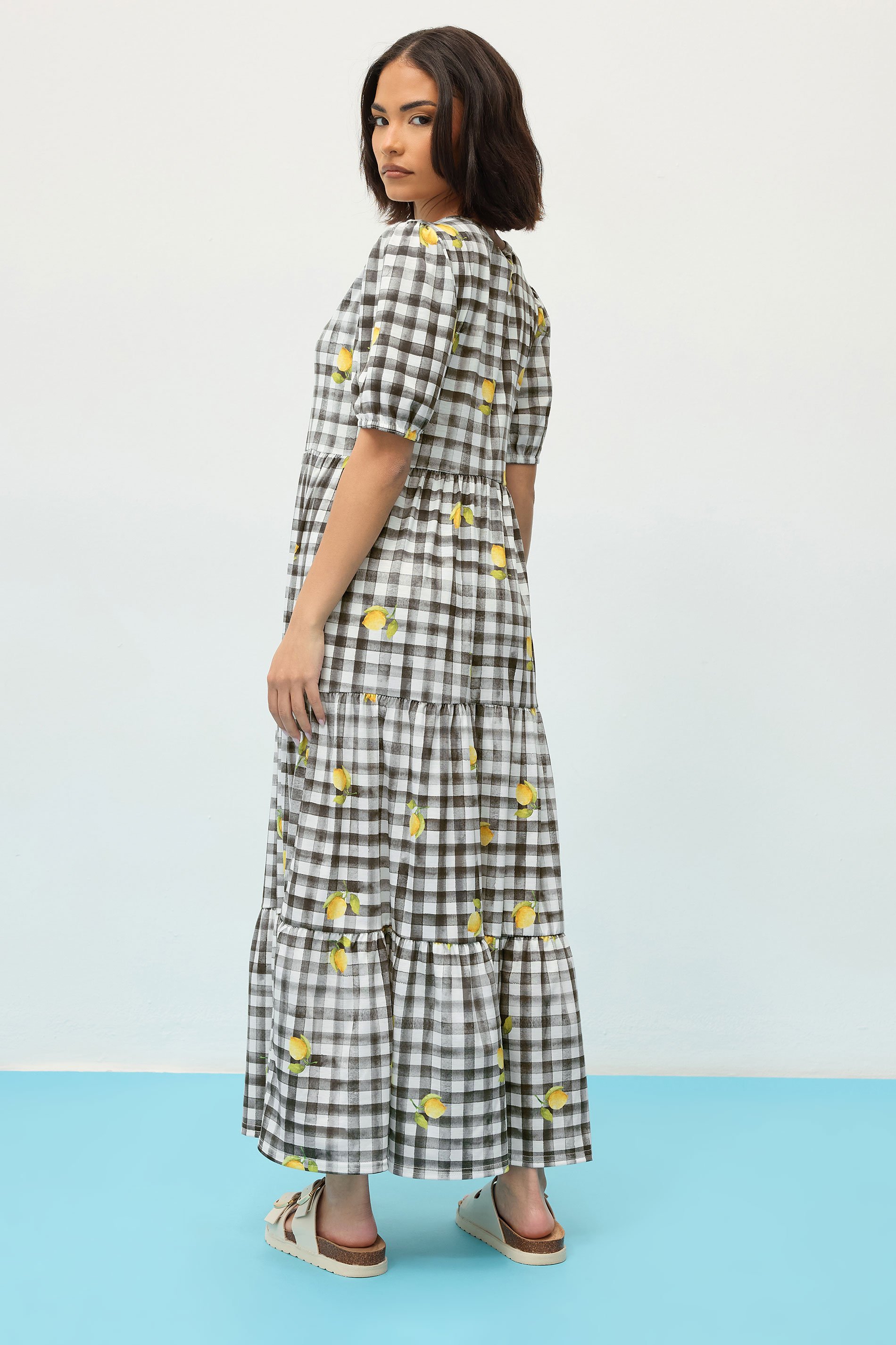 PixieGirl Petite Women's Black Lemon Gingham Graphic Tiered Smock Dress | PixieGirl 3
