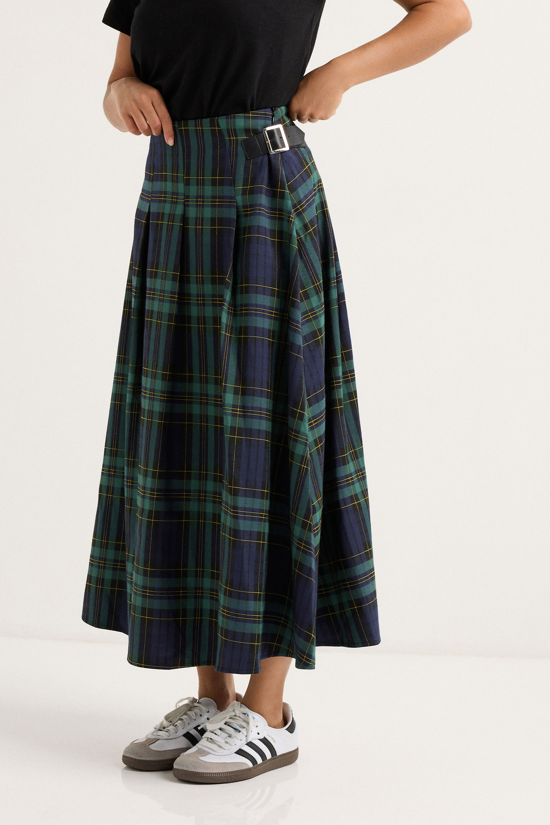 PixieGirl Petite Women's Blue & Green Check Buckle Midi Skirt | PixieGirl 4