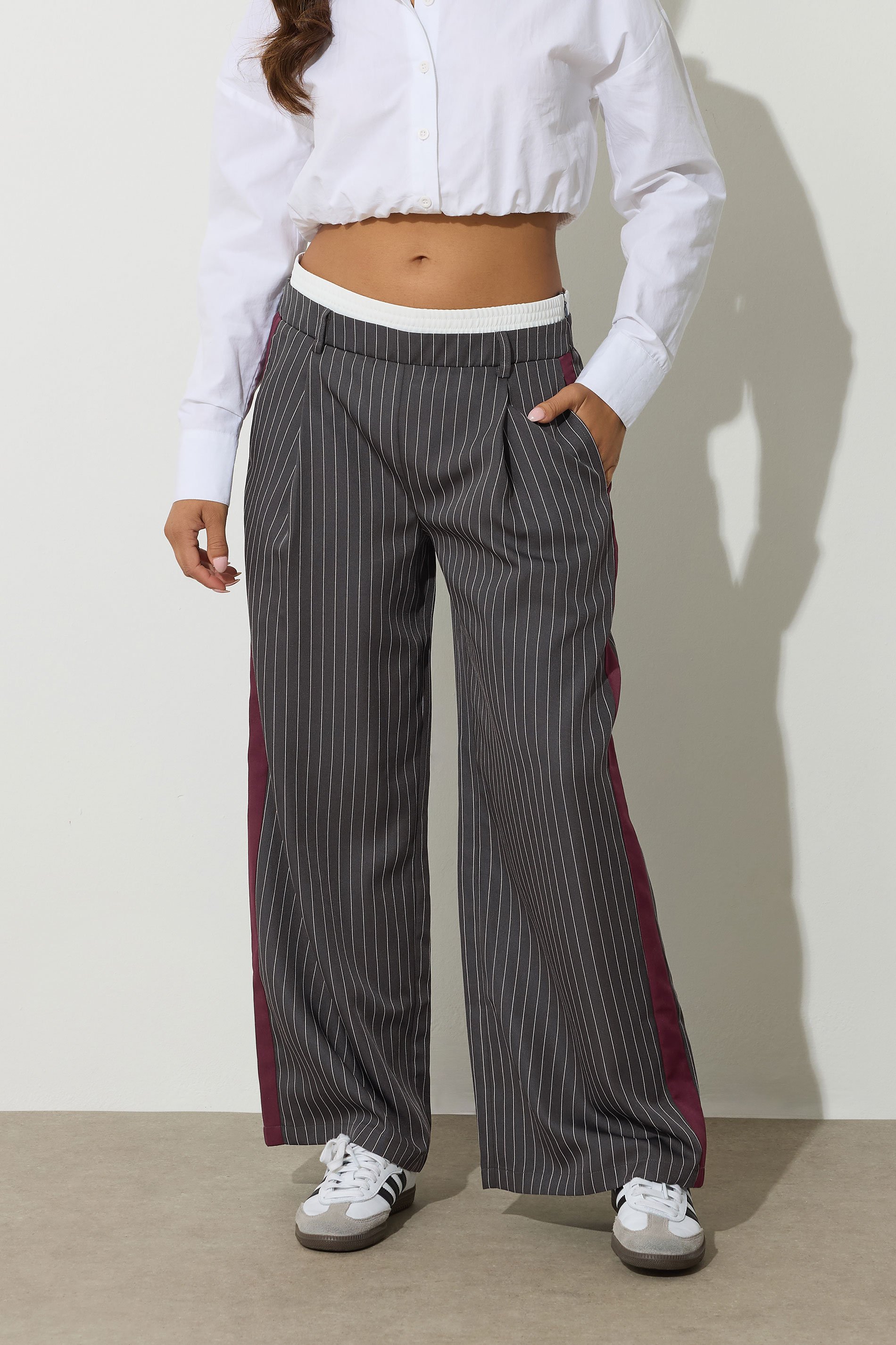 PixieGirl Petite Women's Grey Pinstripe Wide Leg Trouser | PixieGirl 2