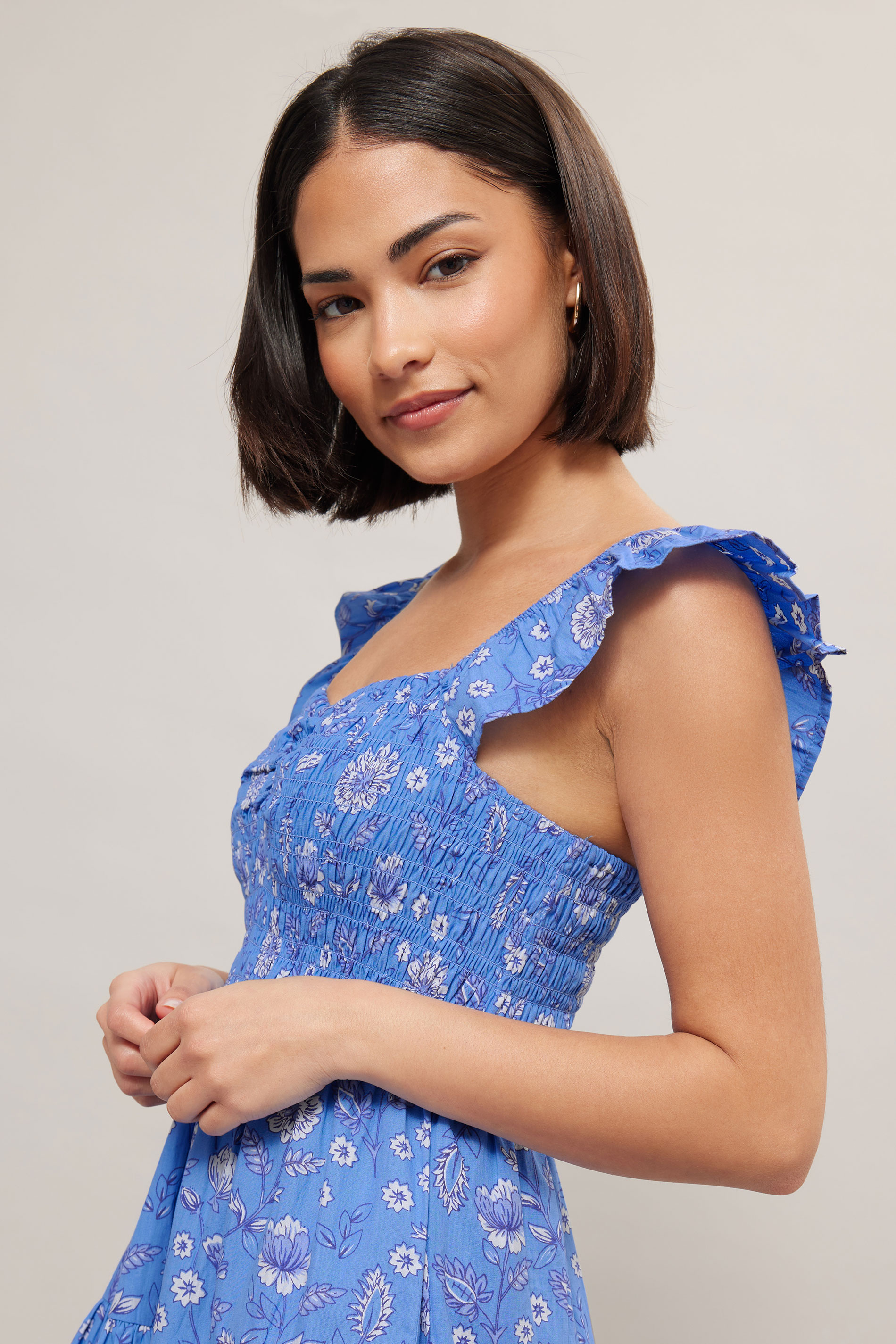 PixieGirl Petite Women's Blue Floral Frill Sleeve Shirred Dress | PixieGirl 2