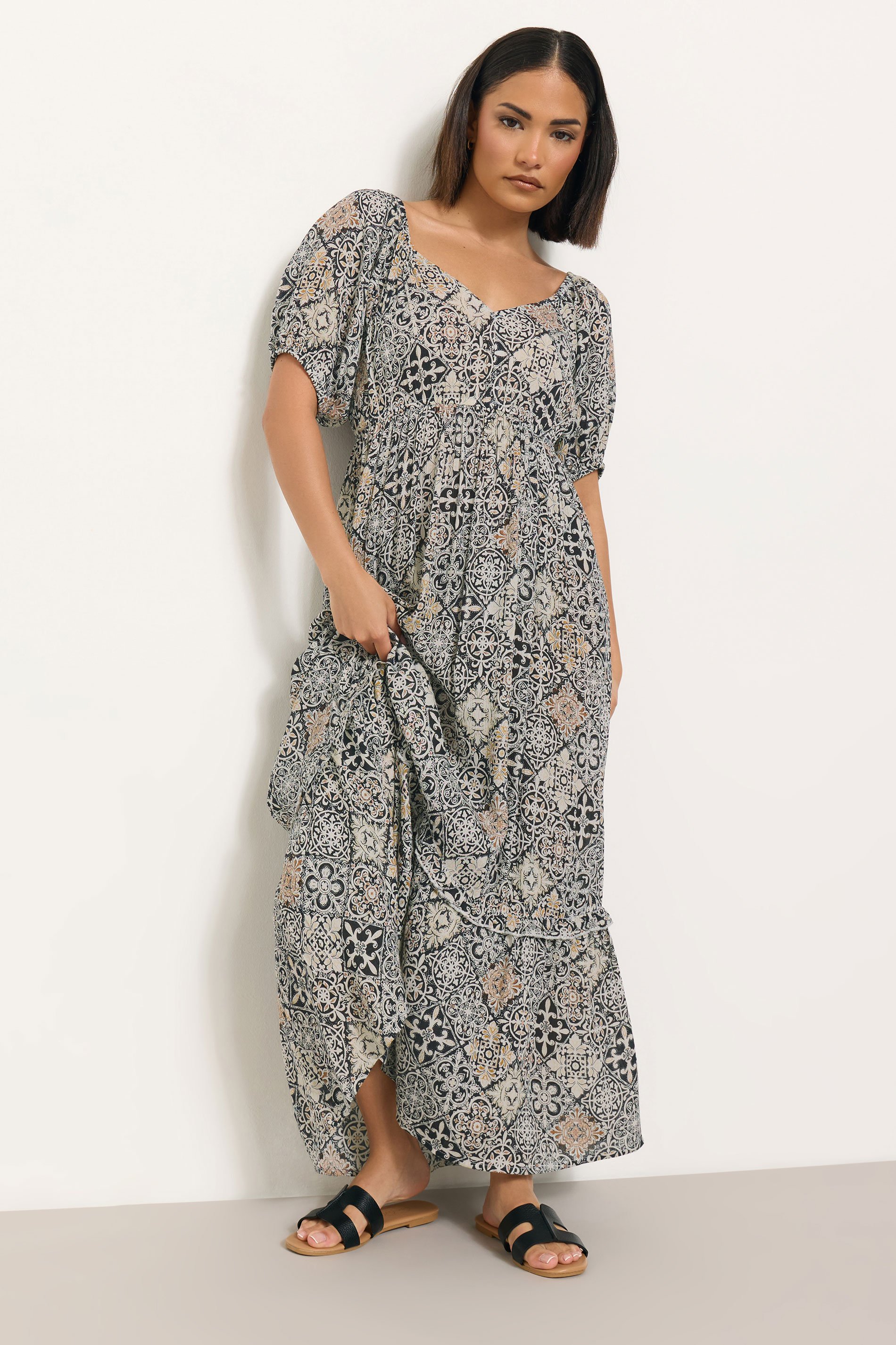 PixieGirl Petite Women's Black Tile Print Puff Sleeve Maxi Dress | PixieGirl 1