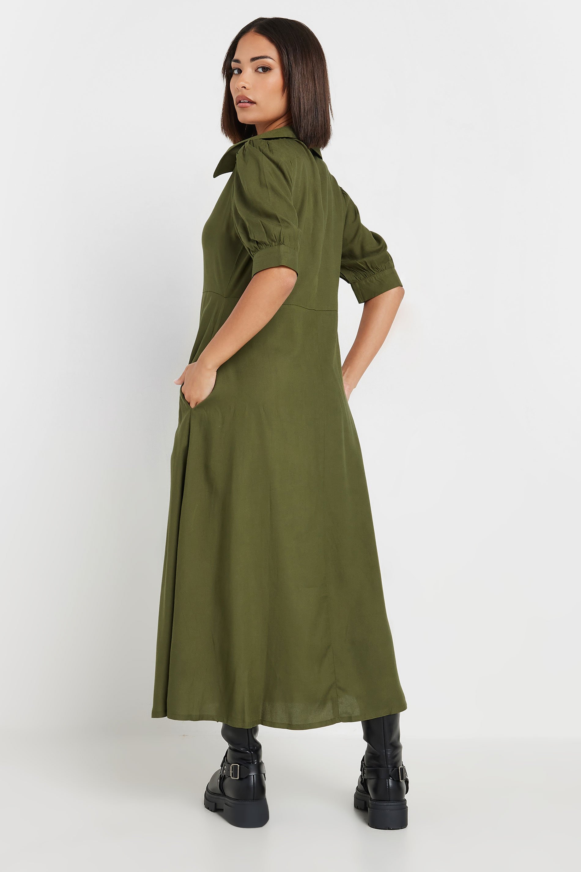 PixieGirl Petite Women's Olive Green Open Collar Short Sleeve Dress | PixieGirl 3