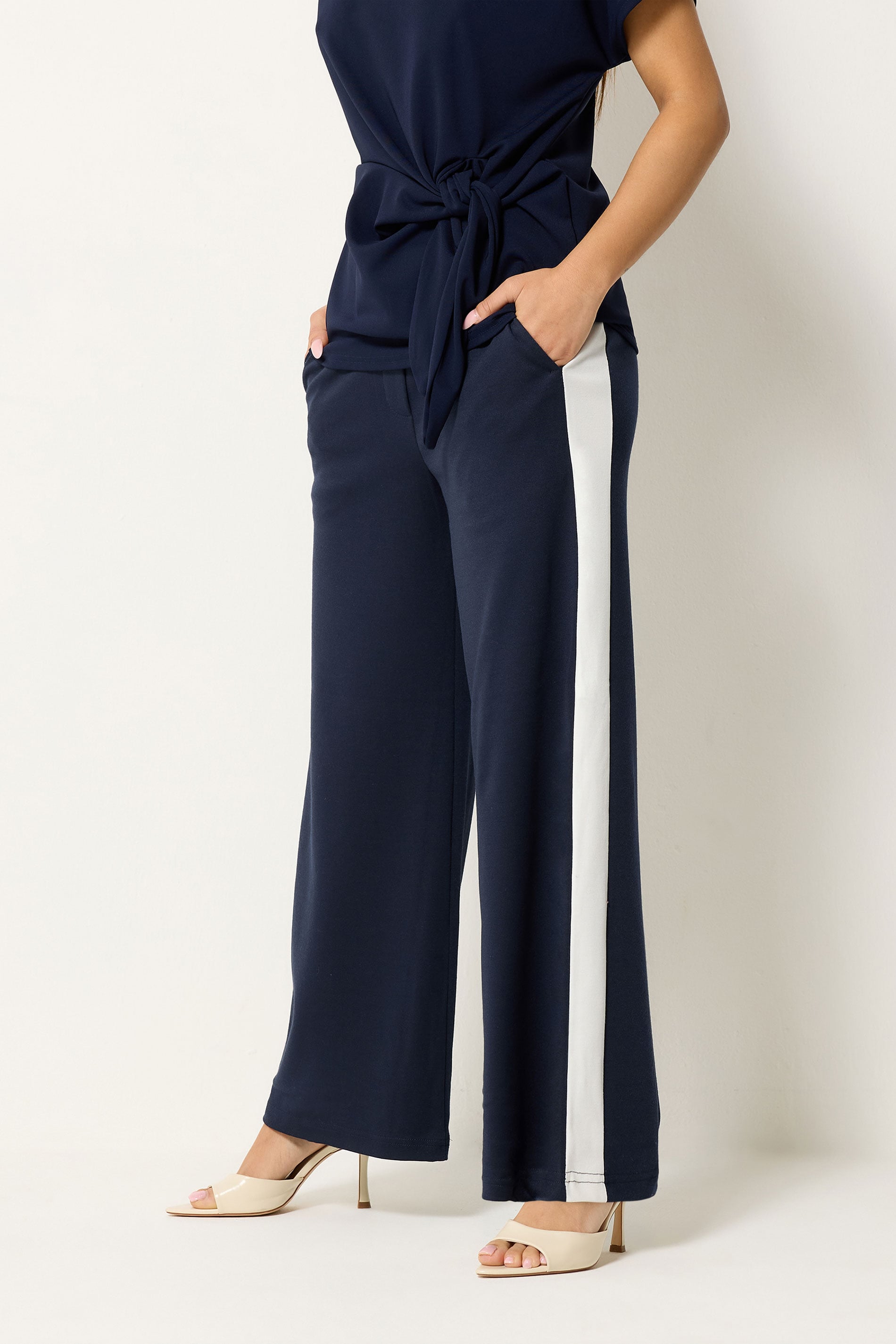 M&Co Petite Navy Blue Side Stripe Wide Leg Trousers | M&Co 3