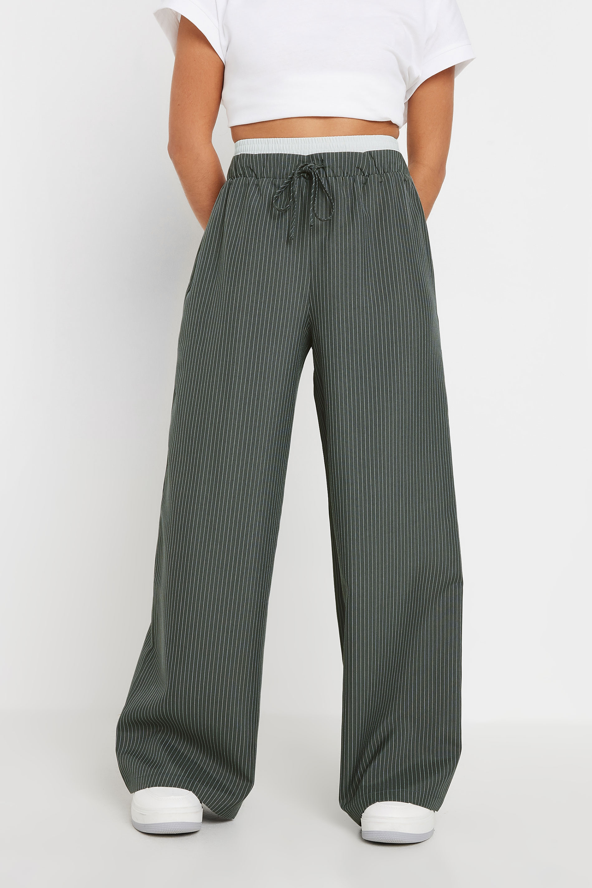 PixieGirl Petite Women's Grey Pinstripe Contrast Waist Trousers | PixieGirl 4