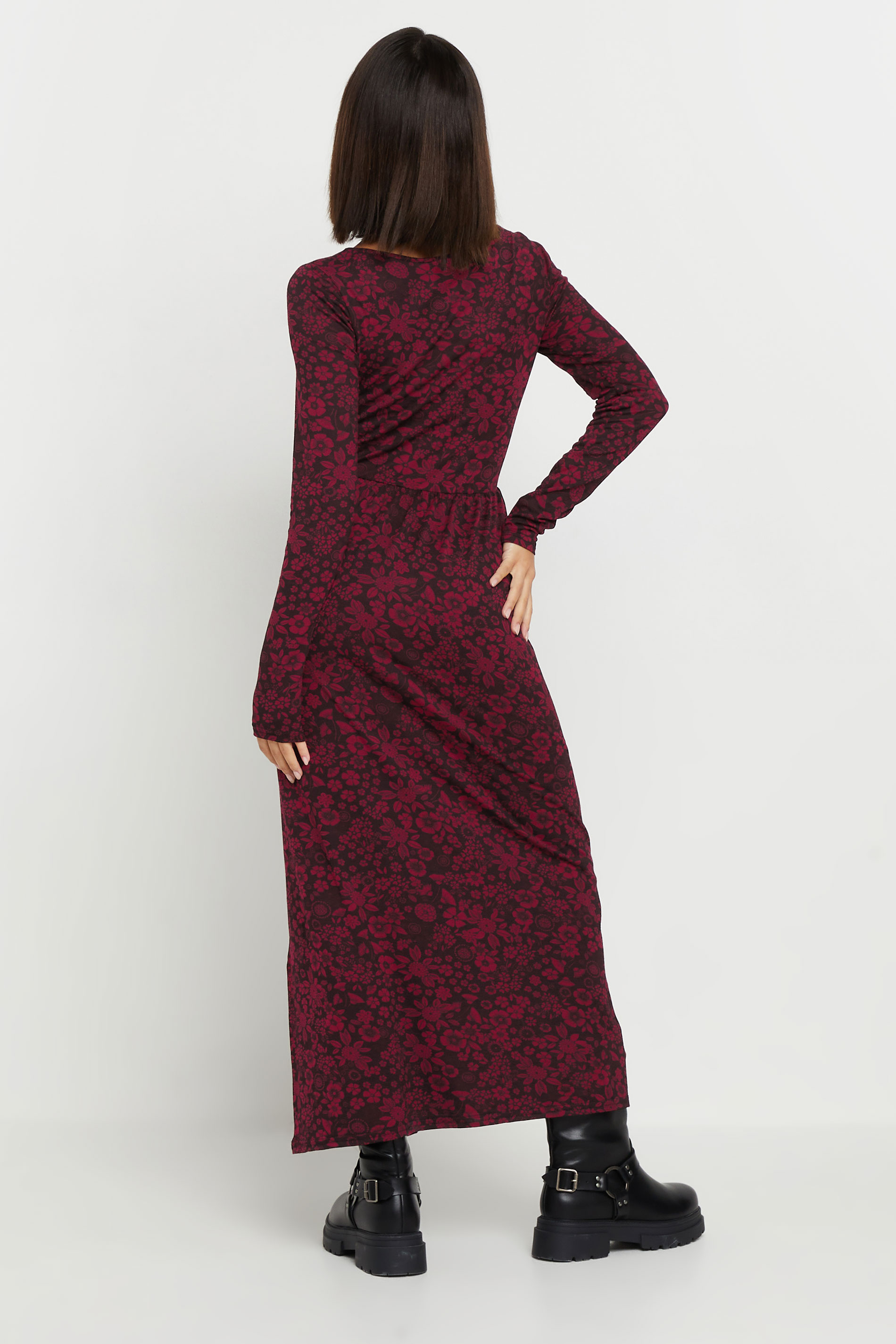 PixieGirl Petite Women's Burgundy Red Floral Print Midi Tea Dress | PixieGirl 3