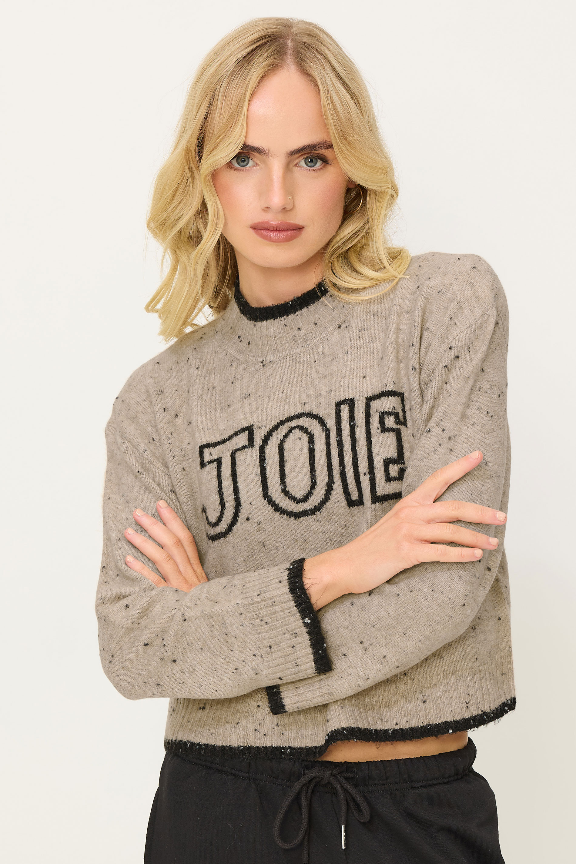 PixieGirl Petite Women's Natural Brown Speckled Knitted Slogan Jumper | PixieGirl 1