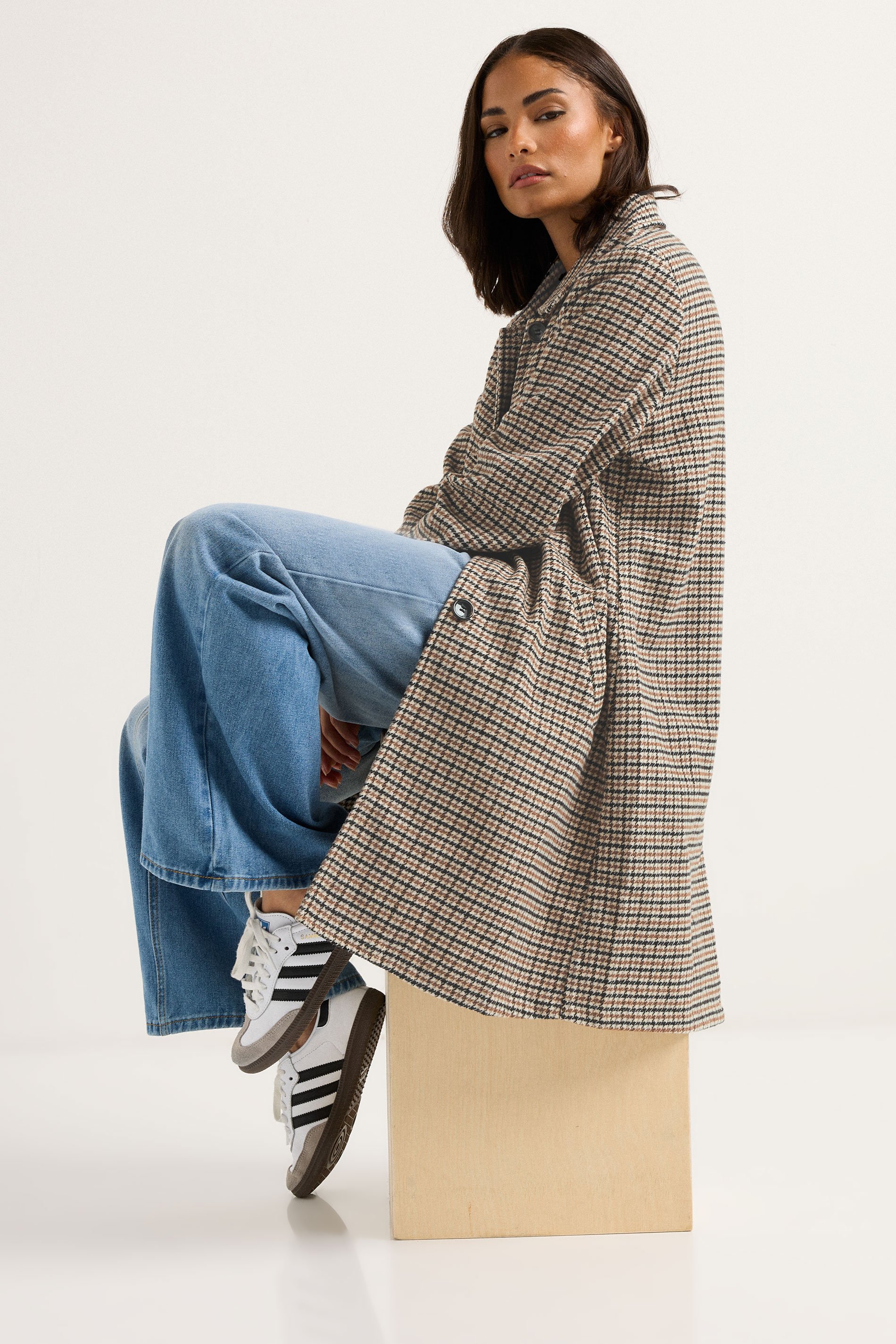 PixieGirl Petite Women's Beige Brown Check Midi Coat | PixieGirl 5