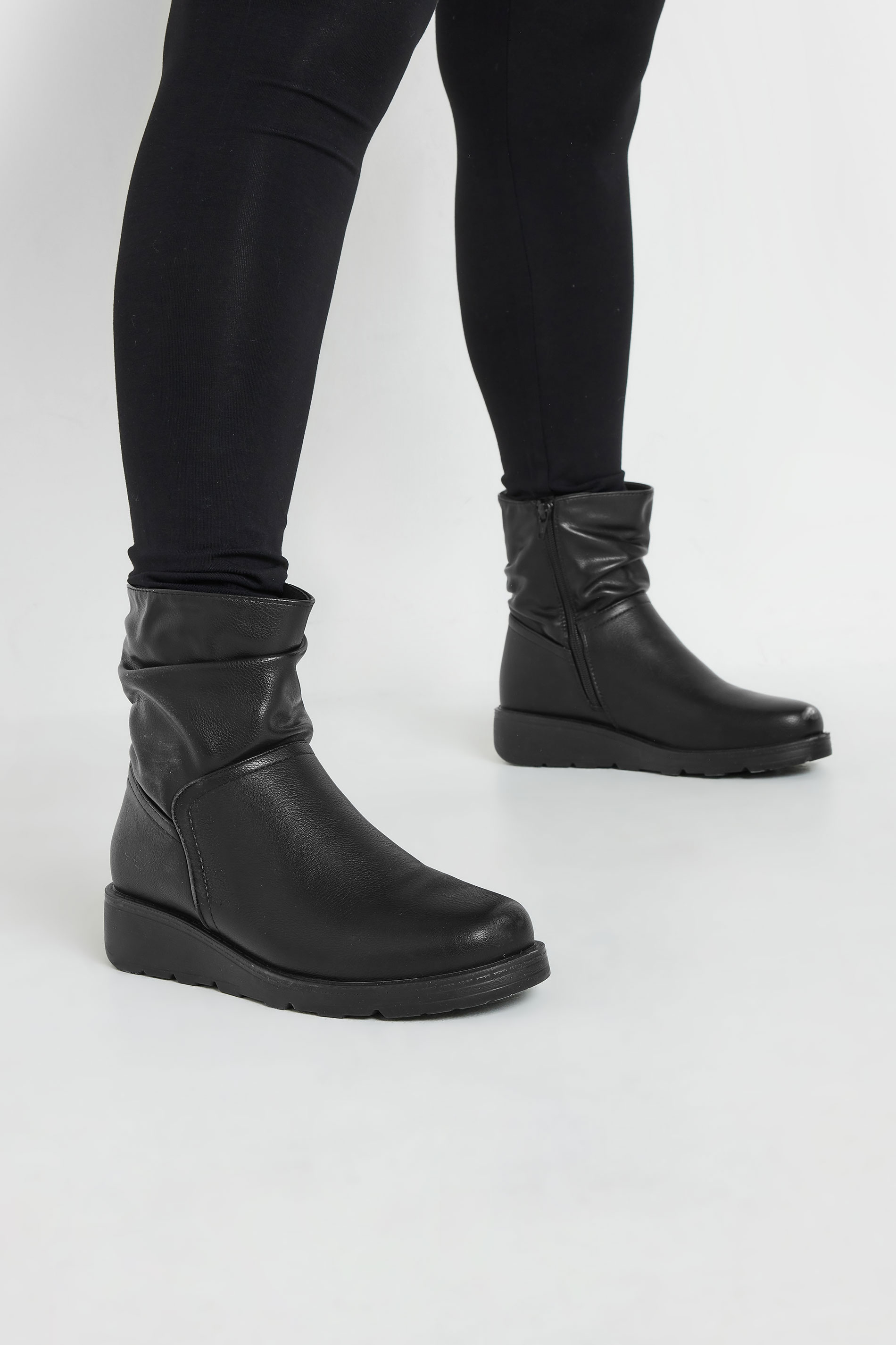 Black Faux Leather Slouch Wedge Boots In Extra Wide EEE Fit | Yours Clothing  2