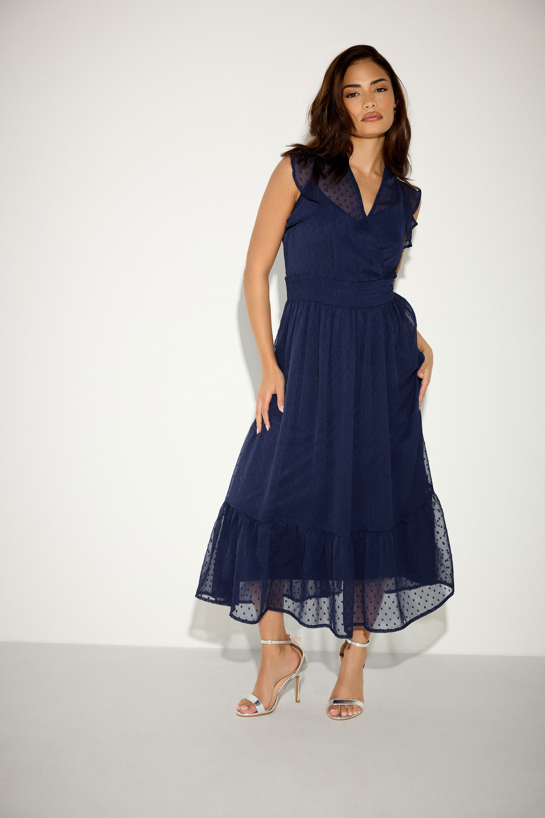 PixieGirl Petite Women's Navy Blue Dobby Maxi Dress | PixieGirl