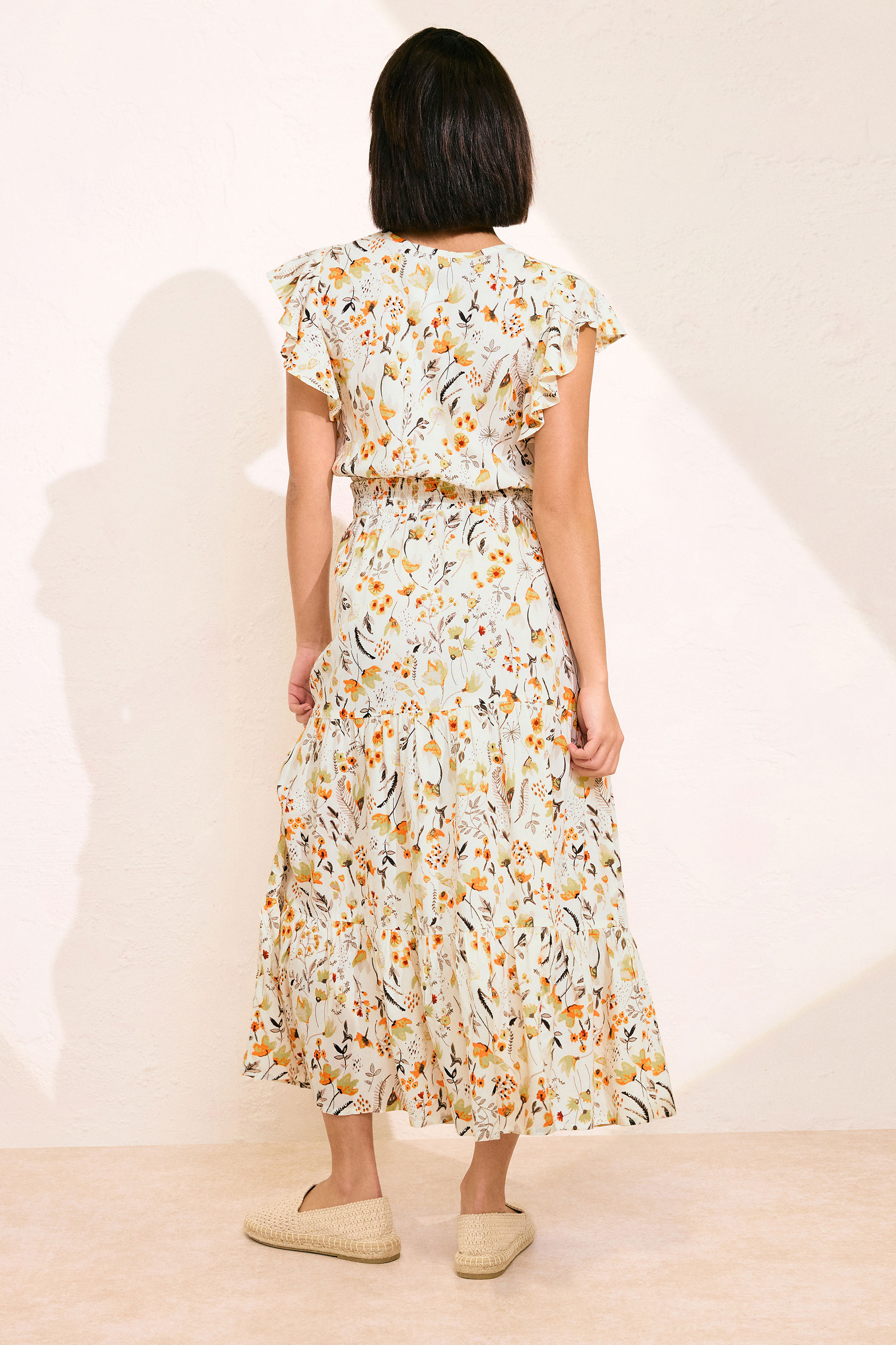 PixieGirl Petite Women's Cream Floral Print Flutter Midaxi Dress | PixieGirl 3