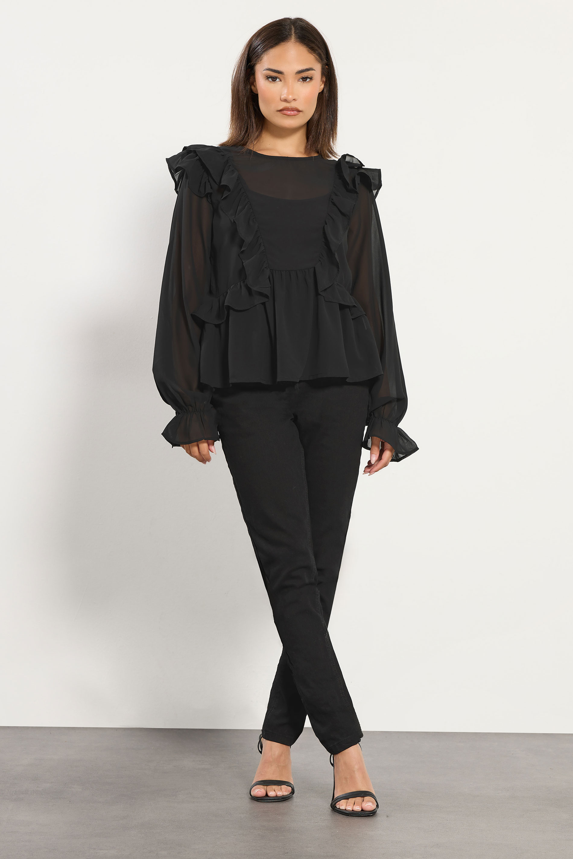 PixieGirl Petite Women's Black Frill Shoulder Chiffon Blouse | PixieGirl 2