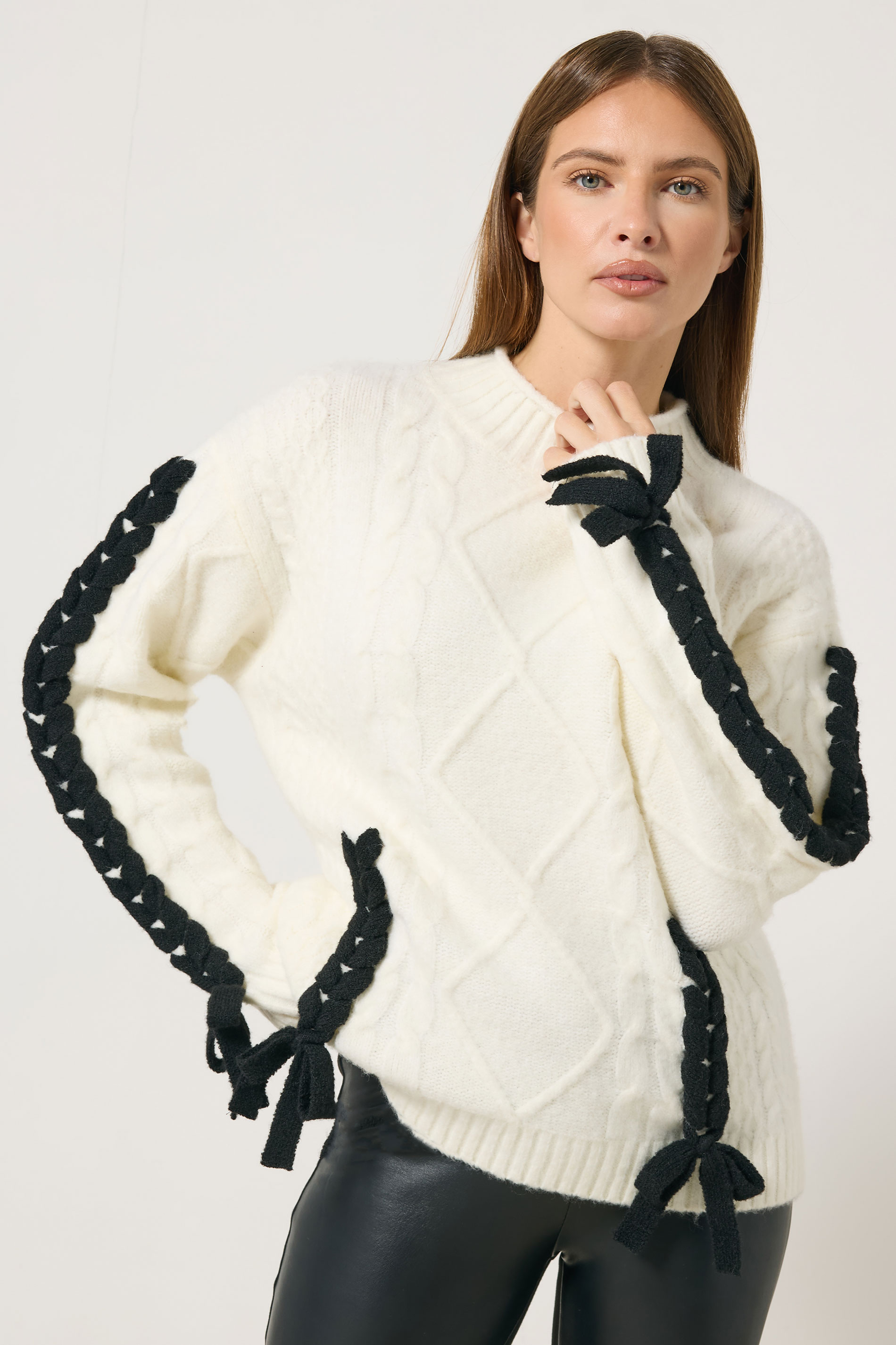 STAR Ivory White Contrast Trim Cable Knit Jumper | StarByJM 1