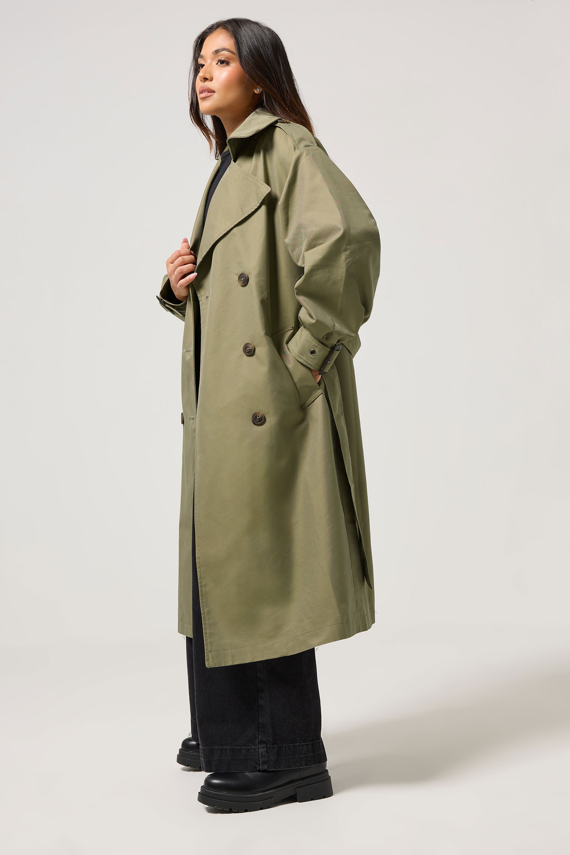 PixieGirl Petite Women's Sage Green Balloon Sleeve Buckle Trench Coat | PixieGirl 2