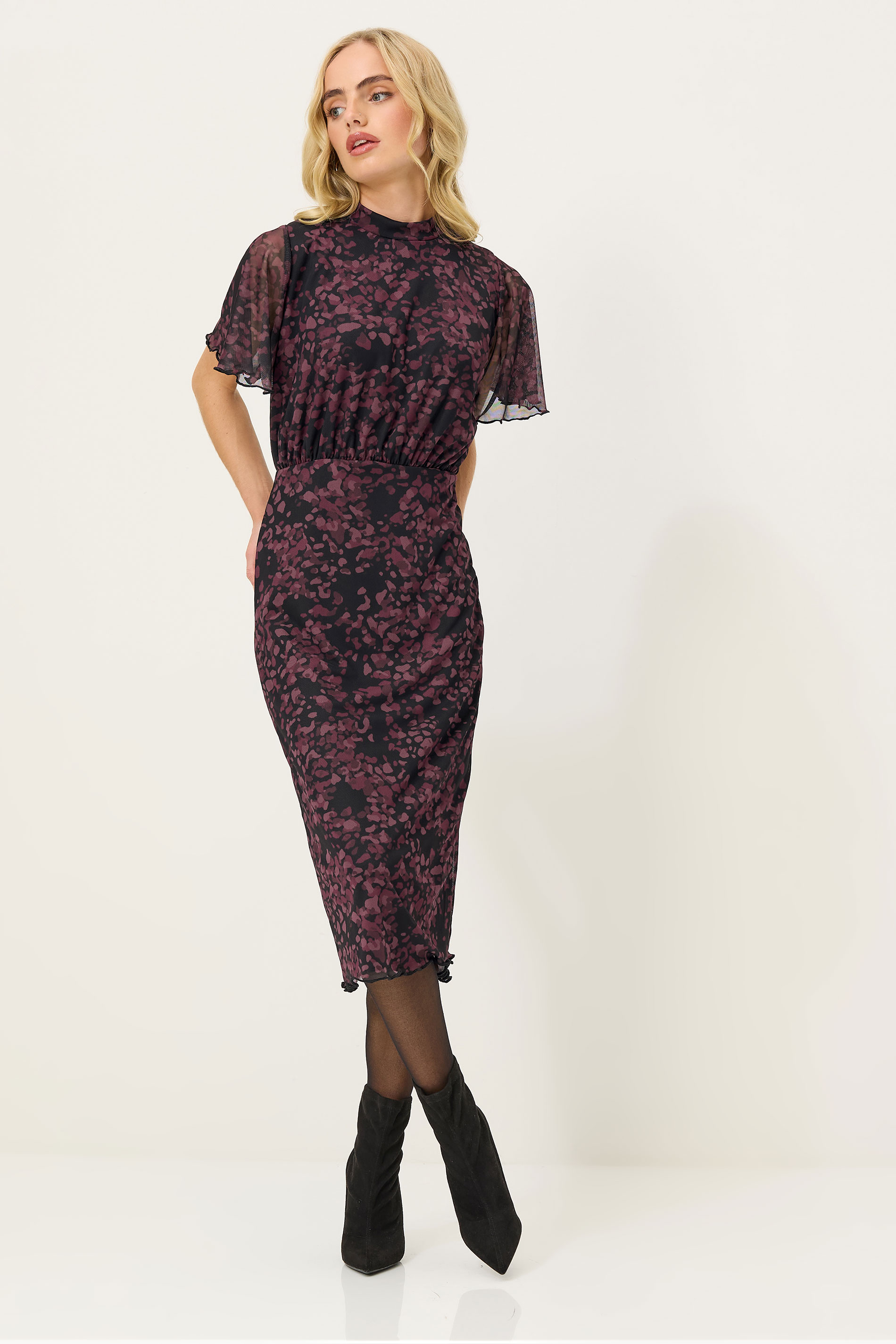 PixieGirl Petite Women's Burgundy Red Abstract Animal Print Flutter Sleeve Dress | PixieGirl 2