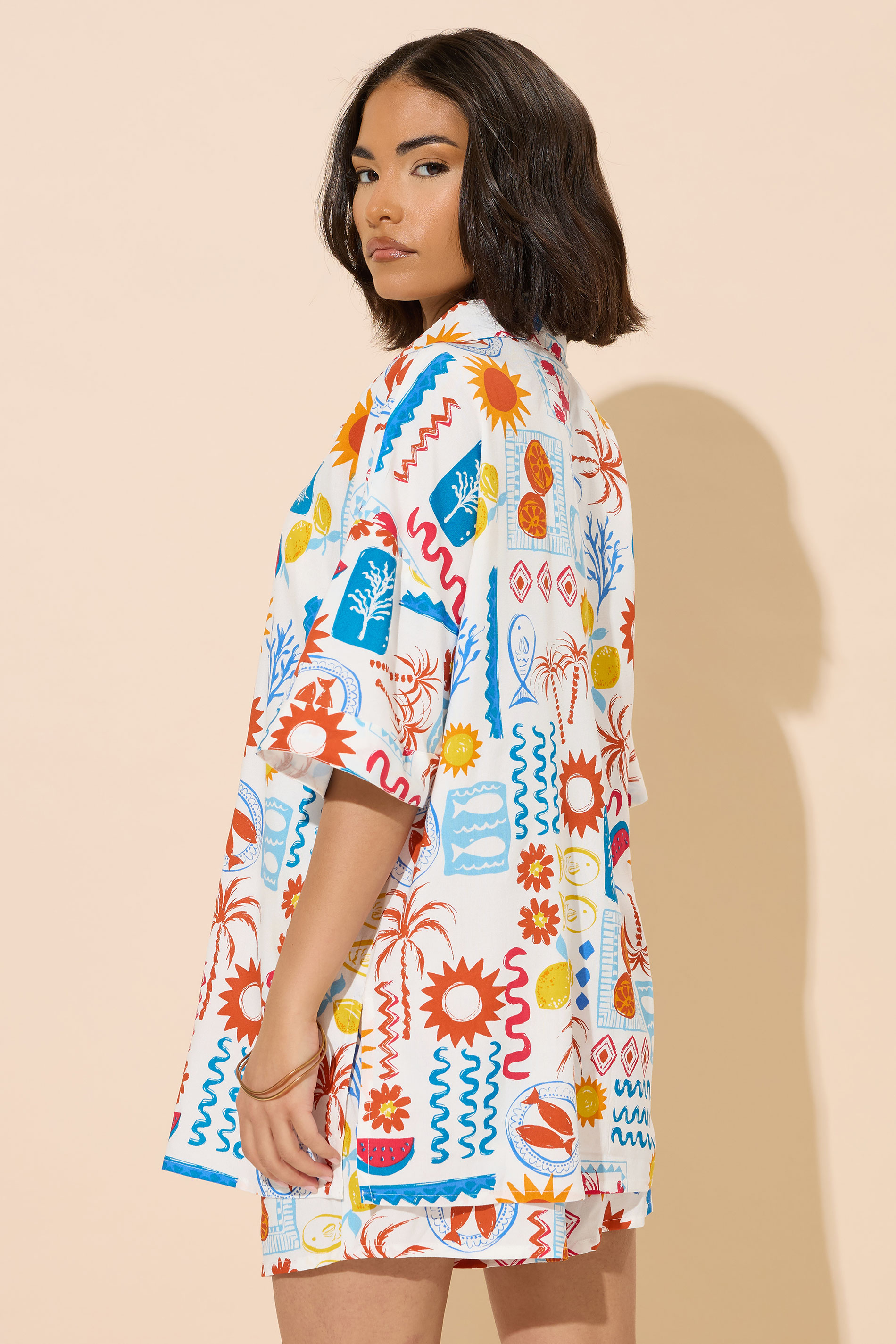 PixieGirl Petite Women's White Postcard Graphic Short Sleeve Shirt | PixieGirl 4