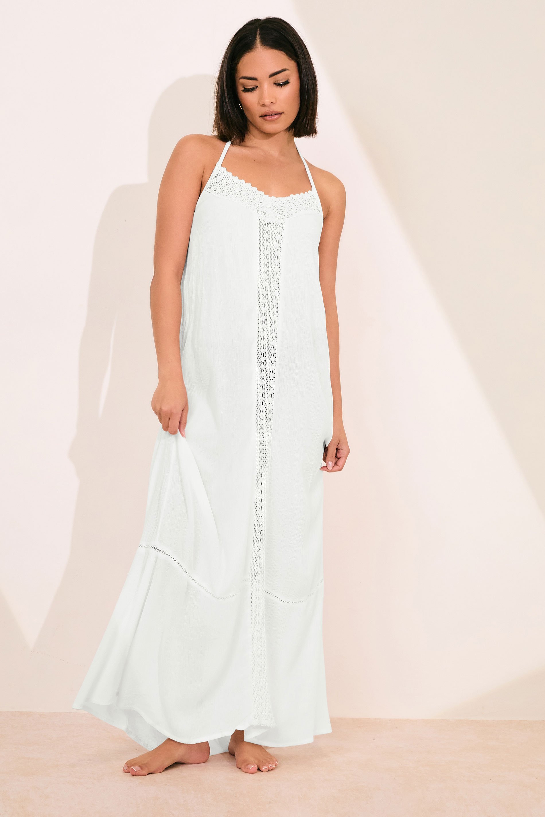 PixieGirl Petite Women's White Crochet Trim Halter Neck Maxi Dress | PixieGirl 1