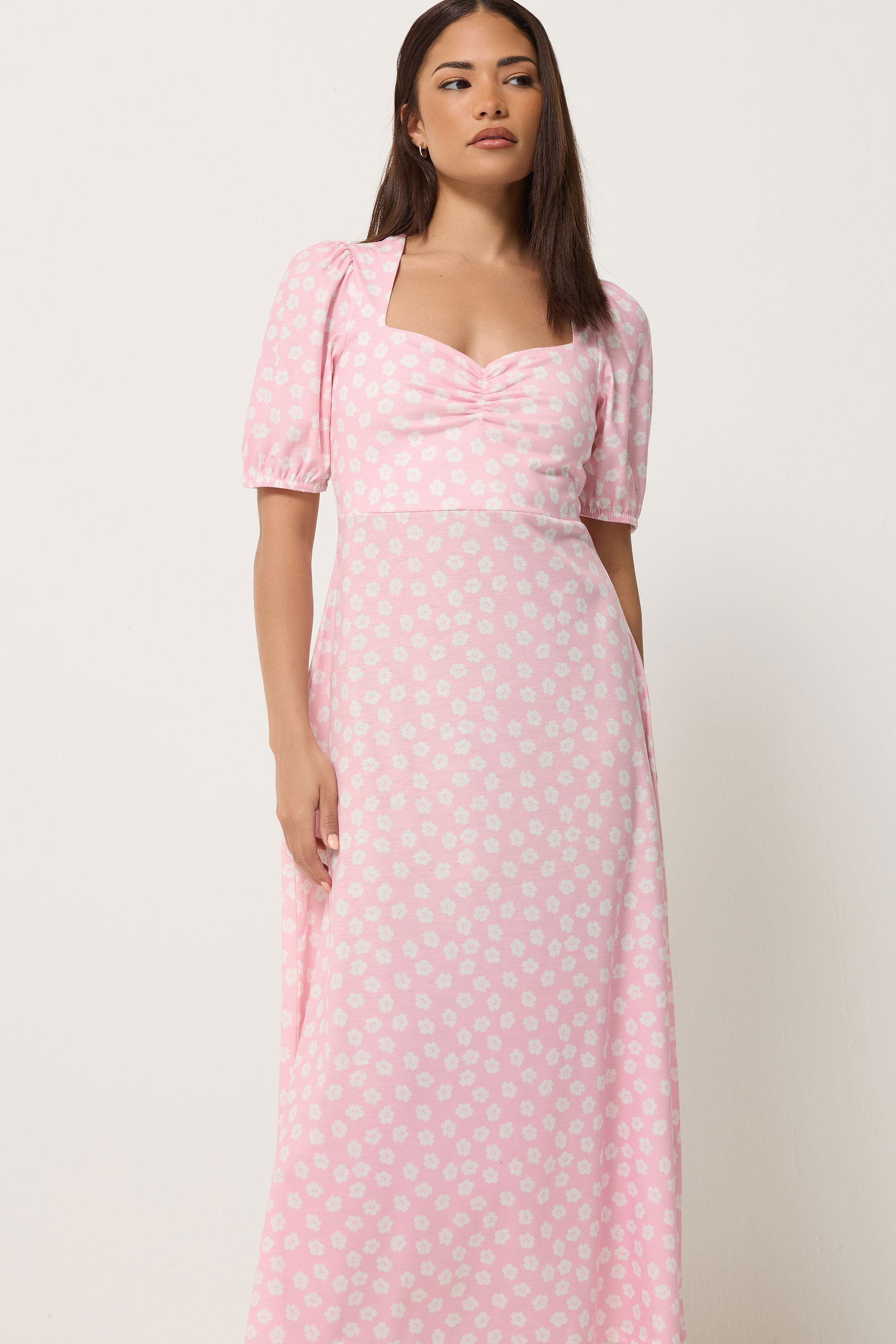 PixieGirl Petite Women's Pink Floral Ruched Midi Dress | PixieGirl 1