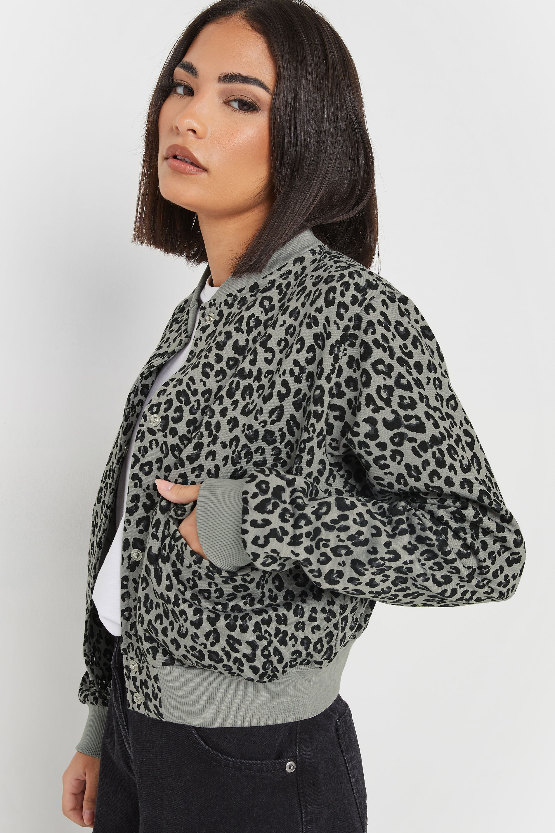 PixieGirl Grey Leopard Print Cropped Bomber Jacket | PixieGirl 5