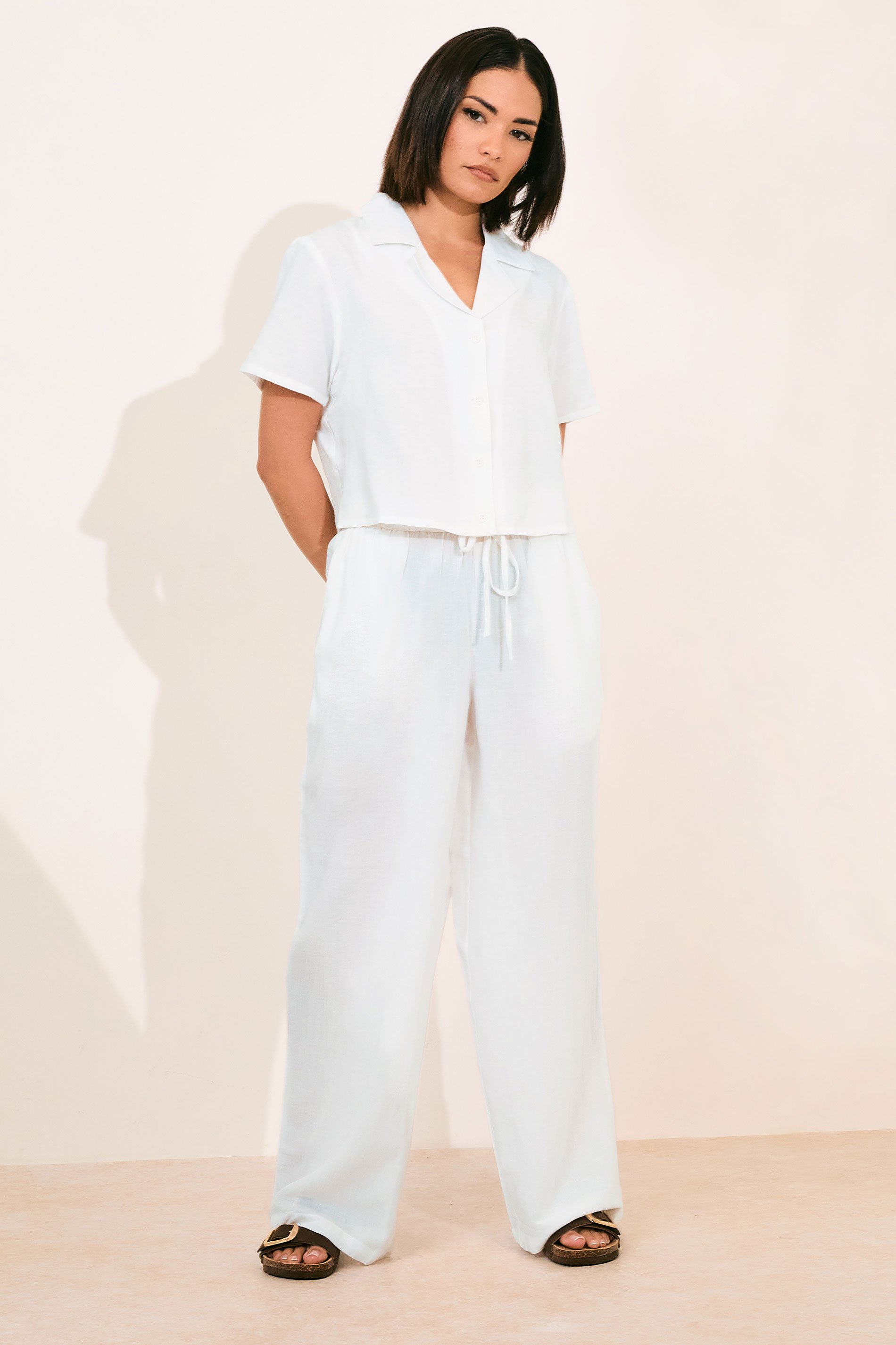 PixieGirl Petite Women's White Linen Drawstring Wide Leg Trousers | PixieGirl 1